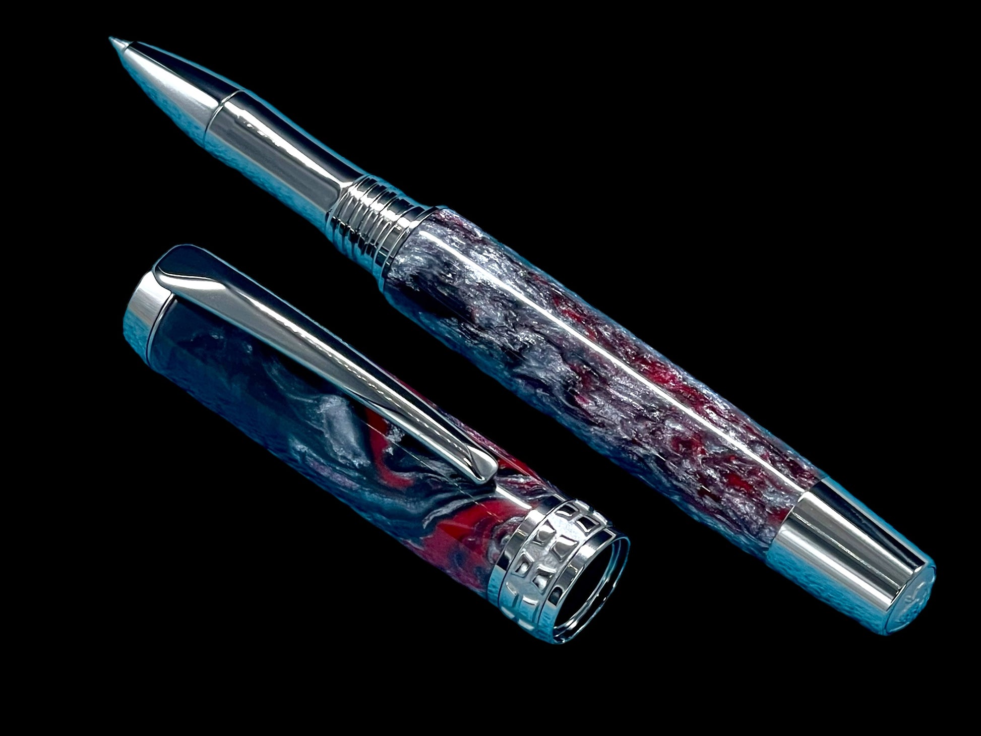 Elegant Red, Black and Silver Black Titanium Acrylic Rollerball Pen, Artisan Handcrafted Writing Instrument. Handmade in CO. One of a Kind. - HighlanderPen