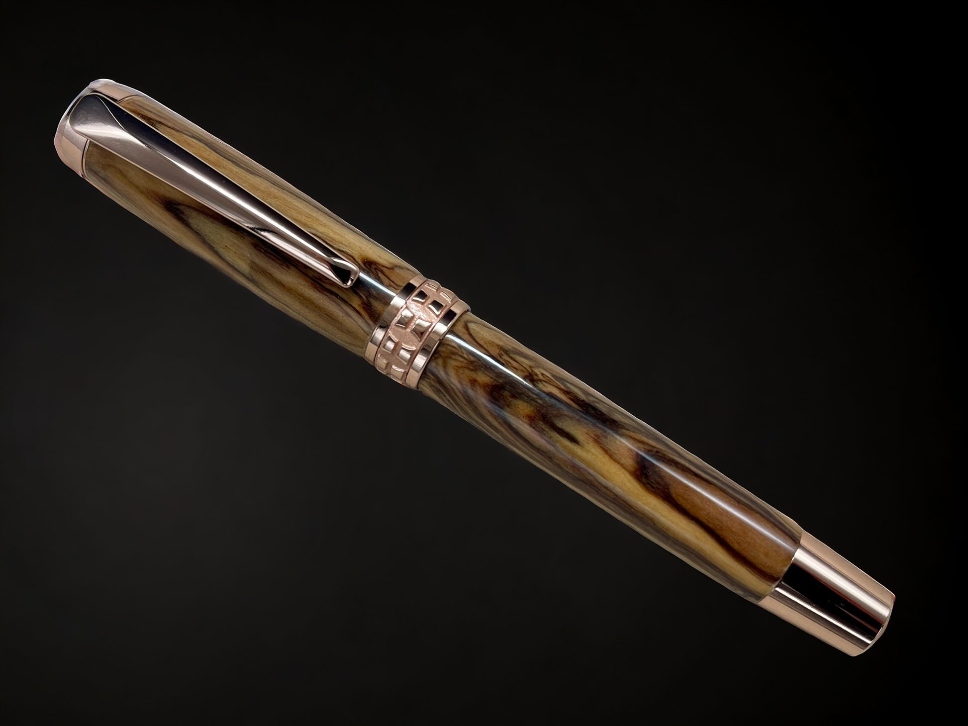 “Bethlehem Olivewood”, Rose Gold Fountain Pen, Artisan Handcrafted Writing Instrument. Simple to Use. Handmade in CO with Custom Hardware. - HighlanderPen