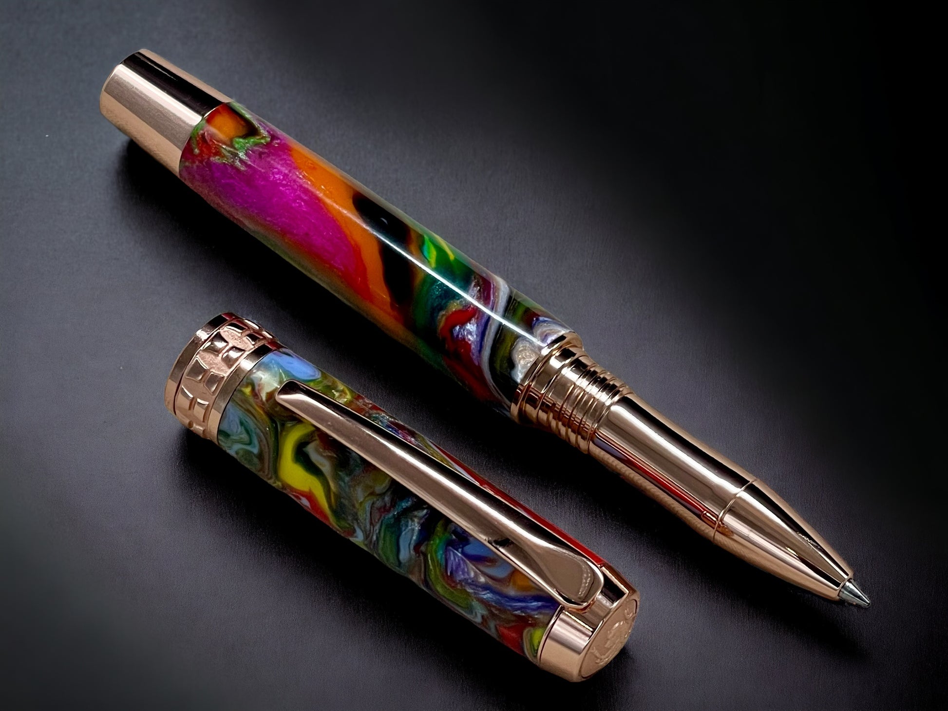 Rose Gold Rollerball Pen, Artisan Handcrafted Writing Instrument. Handmade with Custom Hardware in CO. One of a Kind. "Crazy Colors" - HighlanderPen