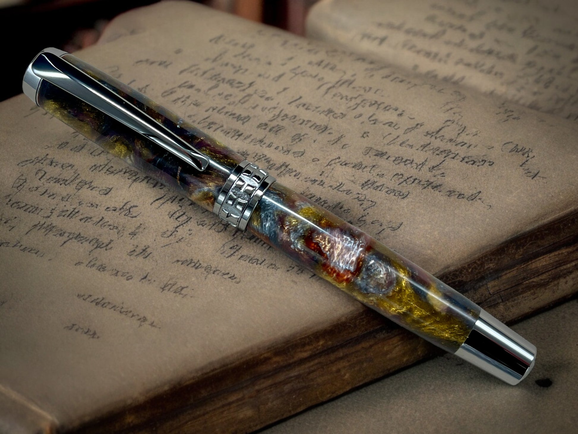 Elegant "Swirling Metals" Black Titanium Rollerball Pen, Artisan Handcrafted Writing Instrument. Handmade Custom in CO. One of a Kind. - HighlanderPen