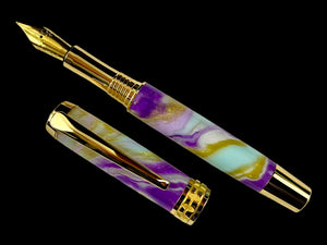 Gold Handmade Elegant Fountain Pen, One of a Kind. Ink, Converter, Sleeve, & Box Included. Handcrafted in Colorado By Highlander Pen [ML-FP-1120-02]