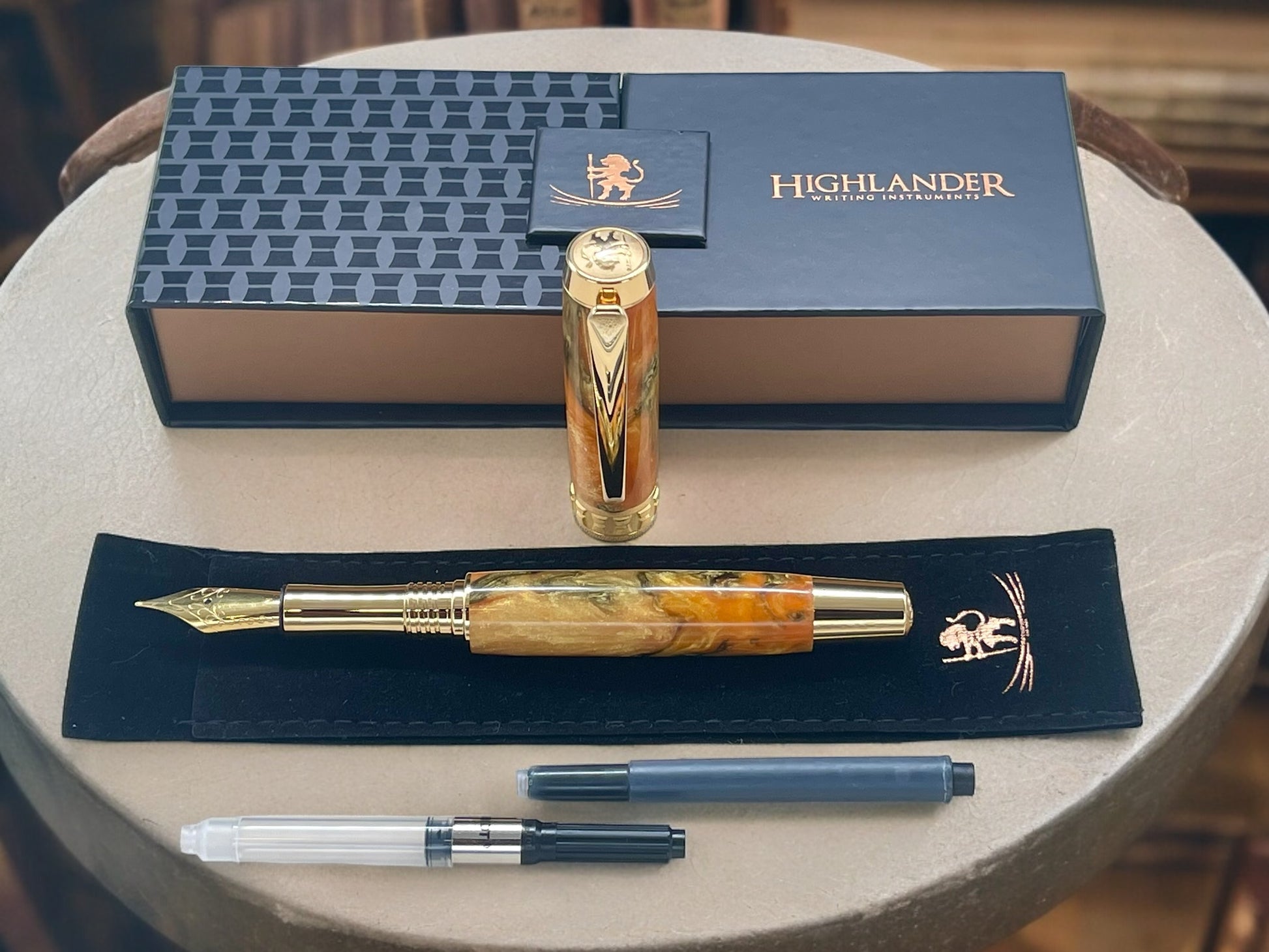 Striking “Orange Gold Swirl” Gold Fountain Pen, Artisan Handcrafted Writing Instrument. Simple to Use. Handmade with Custom Hardware in CO. - HighlanderPen