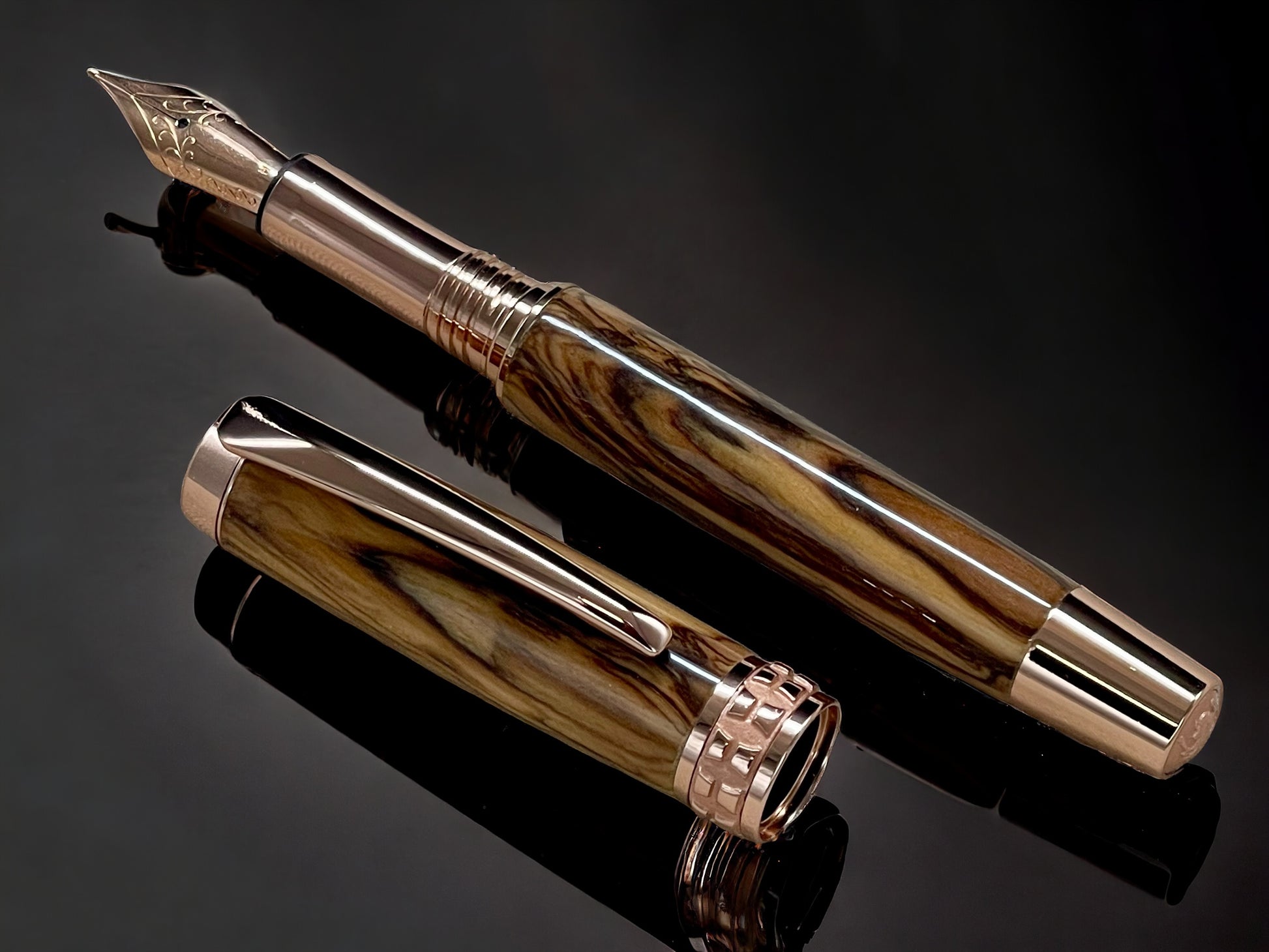 “Bethlehem Olivewood”, Rose Gold Fountain Pen, Artisan Handcrafted Writing Instrument. Simple to Use. Handmade in CO with Custom Hardware. - HighlanderPen