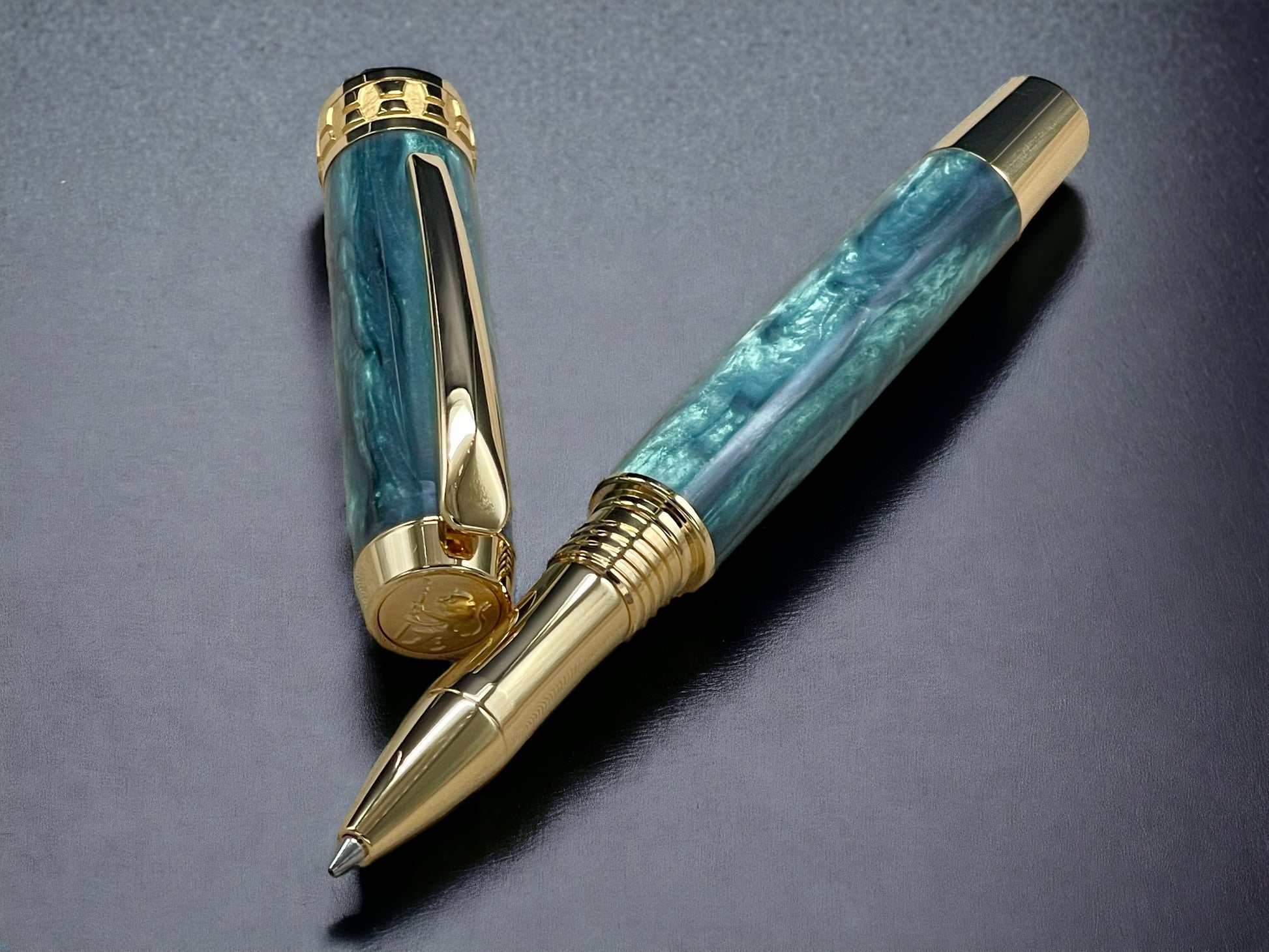 Iridescent Green, One of a Kind Gold, Handmade Custom Acrylic Rollerball Pen. Artisan Rare & Unique, Completely Handcrafted  in Co, USA - HighlanderPen