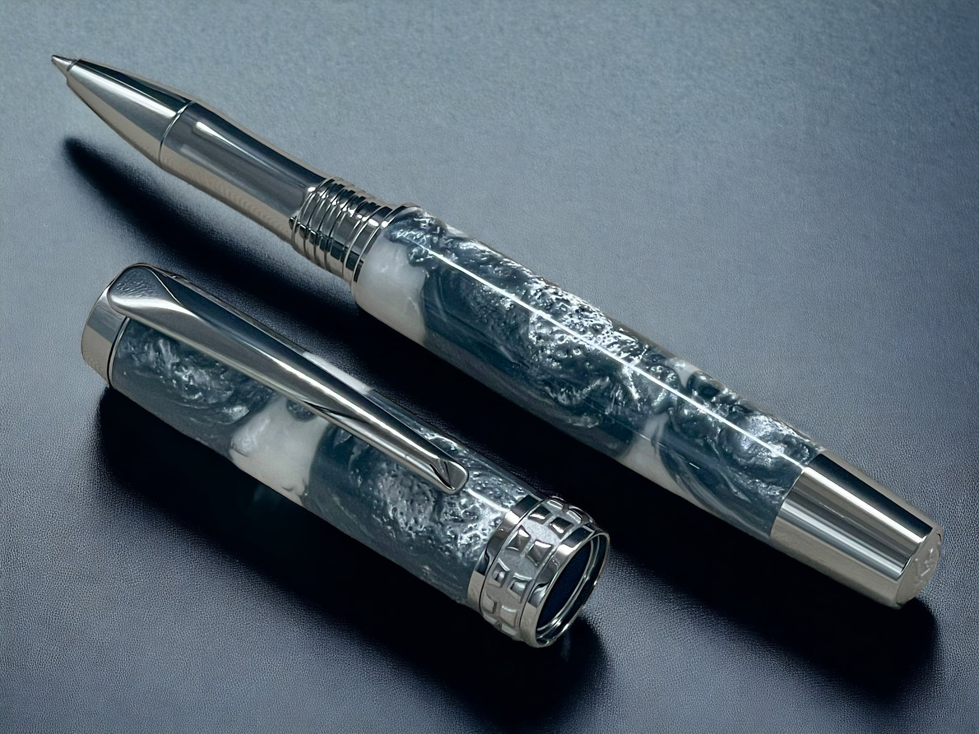 “Silver Grey” One of a Kind, Handmade Custom Black Titanium Rollerball Pen. Artisan Rare & Unique, Completely Handcrafted in Colorado, USA. - HighlanderPen