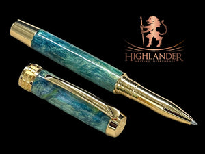 Handcrafted Luxury Gold Rollerball Pen, One of a Kind, Handmade in Colorado with Premium Hardware. Ink, Velvet Sleeve, and Pen Box Included. - HighlanderPen