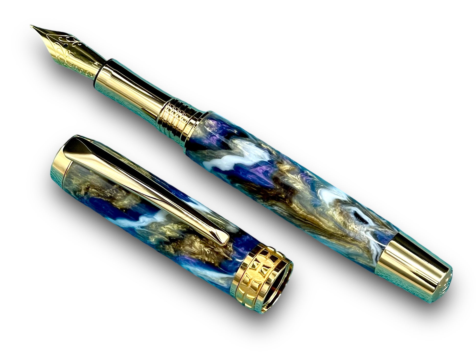 Elegant “Purple and Gold” Handcrafted Luxury Gold Fountain Pen, One of a Kind, Handmade in Colorado. Ink, Converter, Sleeve, & Box Included. - HighlanderPen