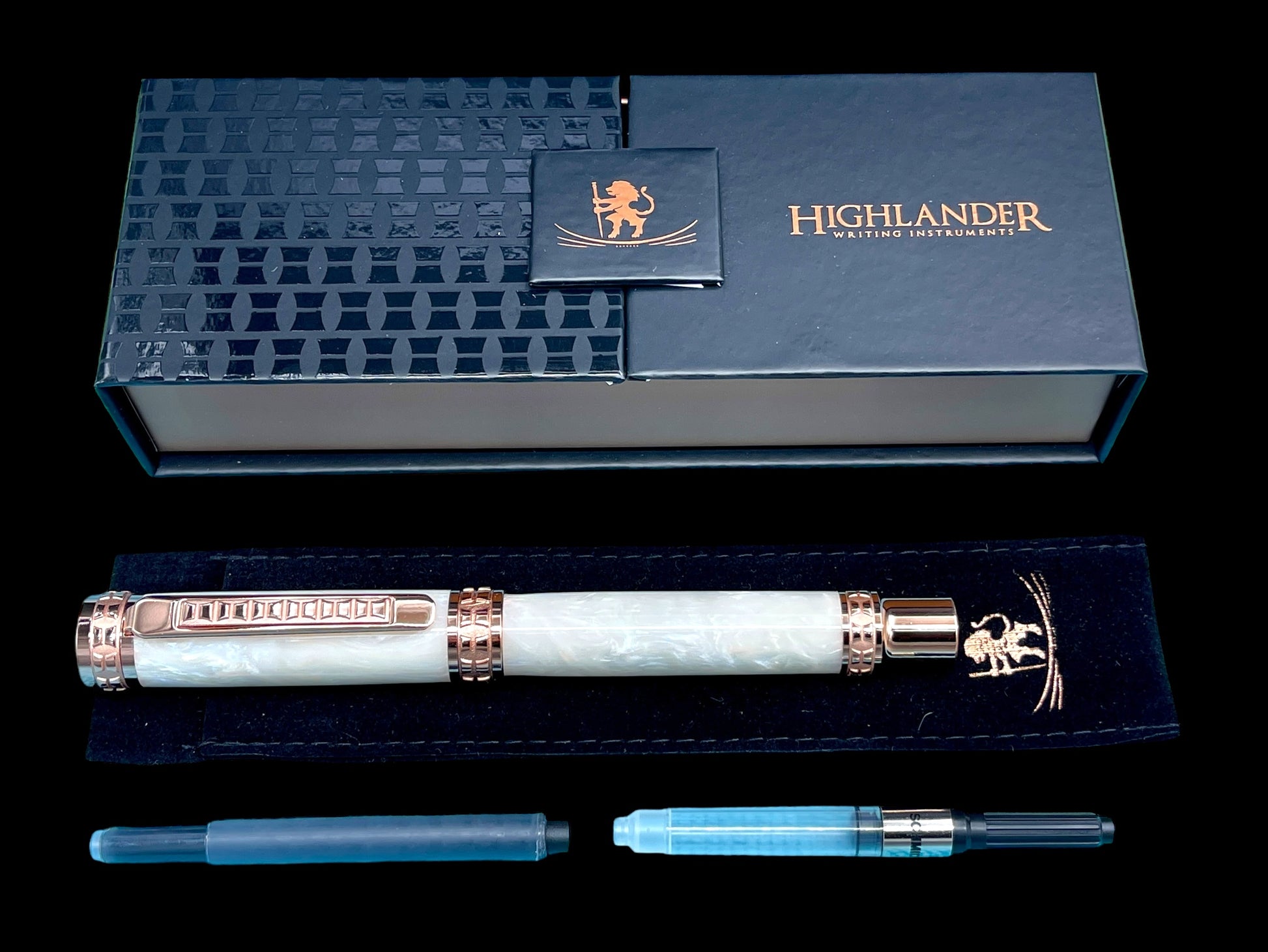 Highlander Edinburgh “Pearly Opal” Rose Gold Fountain Pen, One of a Kind, Handcrafted in CO. Ink, Converter, Pen Sleeve, & Box Included. - HighlanderPen