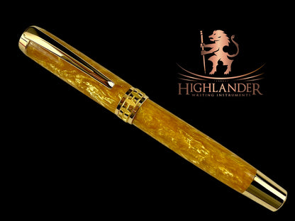 Gold “Mayan Gold” Handmade Acrylic Rollerball Pen, One of a Kind, Handcrafted in CO. Ink, Velvet Sleeve, and Pen Box Included, By Highlander Pen. [ML-RB-1201-02]