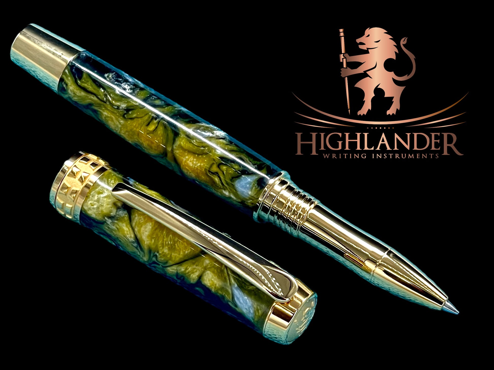 Handcrafted Luxury Gold Rollerball Pen, One of a Kind, Handmade in Colorado with Premium Hardware. Ink, Velvet Sleeve, and Pen Box Included. - HighlanderPen