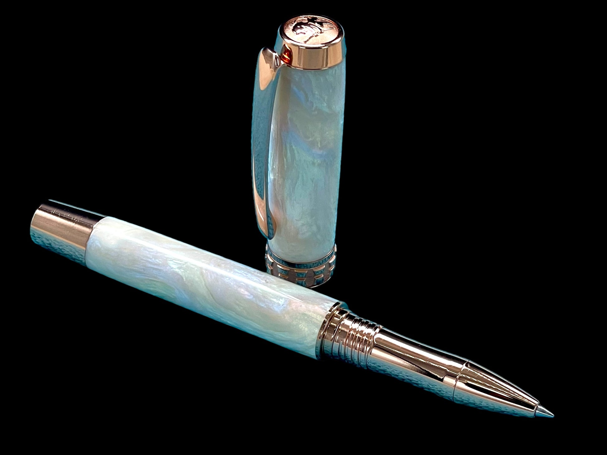 Elegant “Pearly Opal” Rose Gold Acrylic Rollerball Pen, Artisan Handcrafted Writing Instrument. One of a Kind, with Box, Felt Sleeve, & Ink. - HighlanderPen