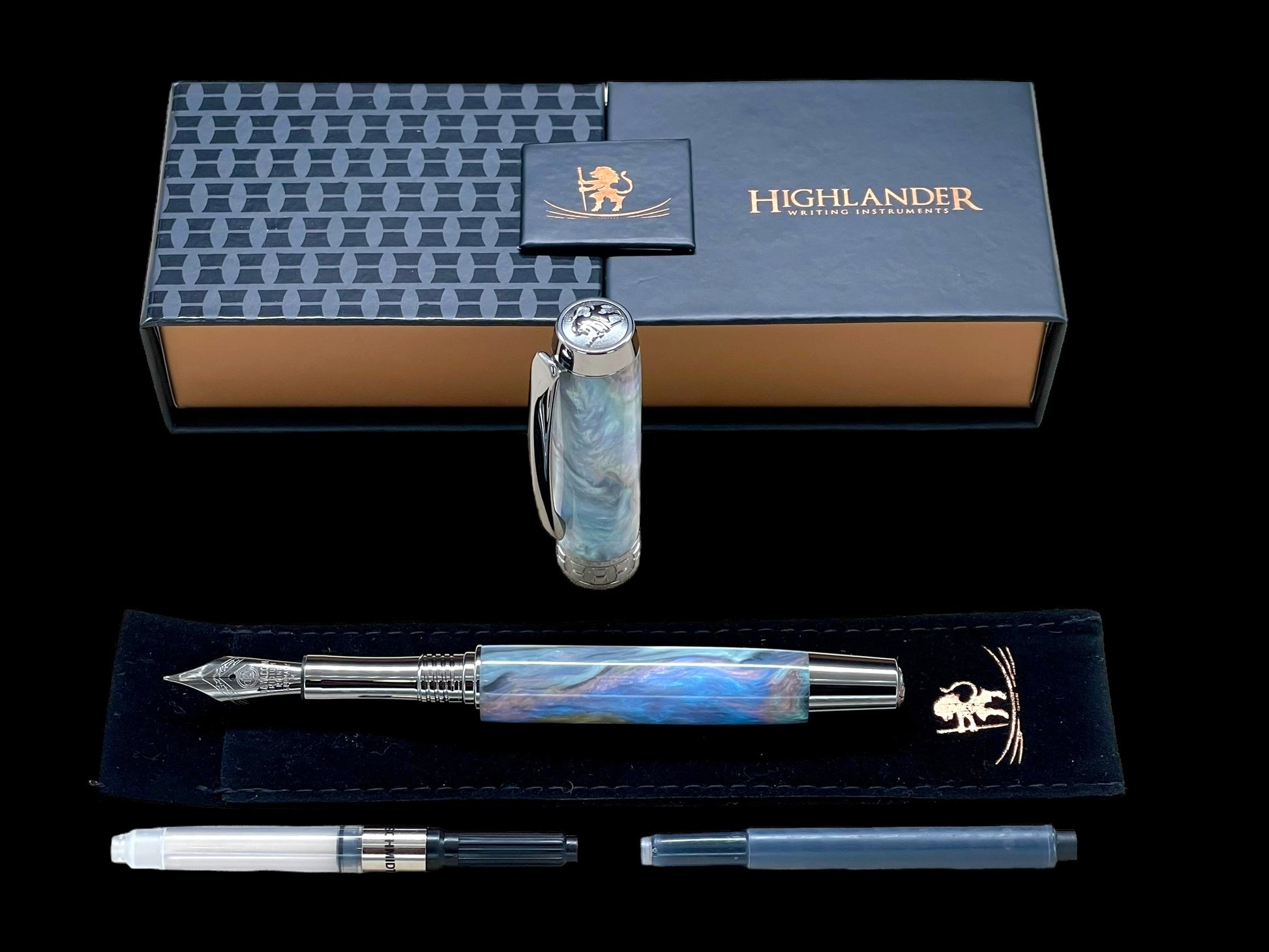 Handcrafted Luxury Black Titanium Fountain Pen, One of a Kind, Handmade in CO with Premium Hardware. Ink, Converter, Sleeve, & Box Included. - HighlanderPen