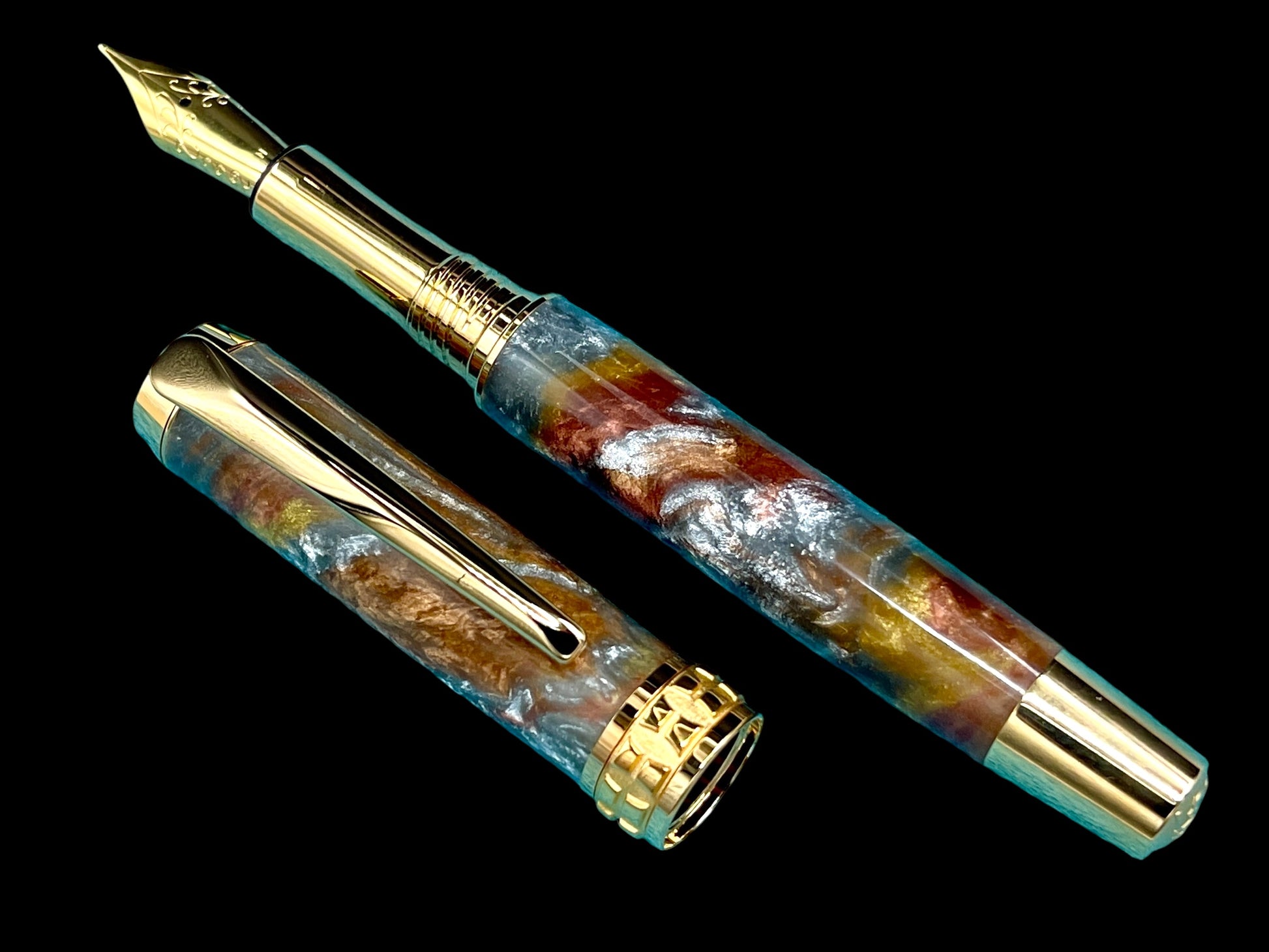 Striking “Molten Metals” Handcrafted Luxury Gold Fountain Pen, One of a Kind, Handmade in CO. Ink, Converter, Sleeve, & Box Included. - HighlanderPen