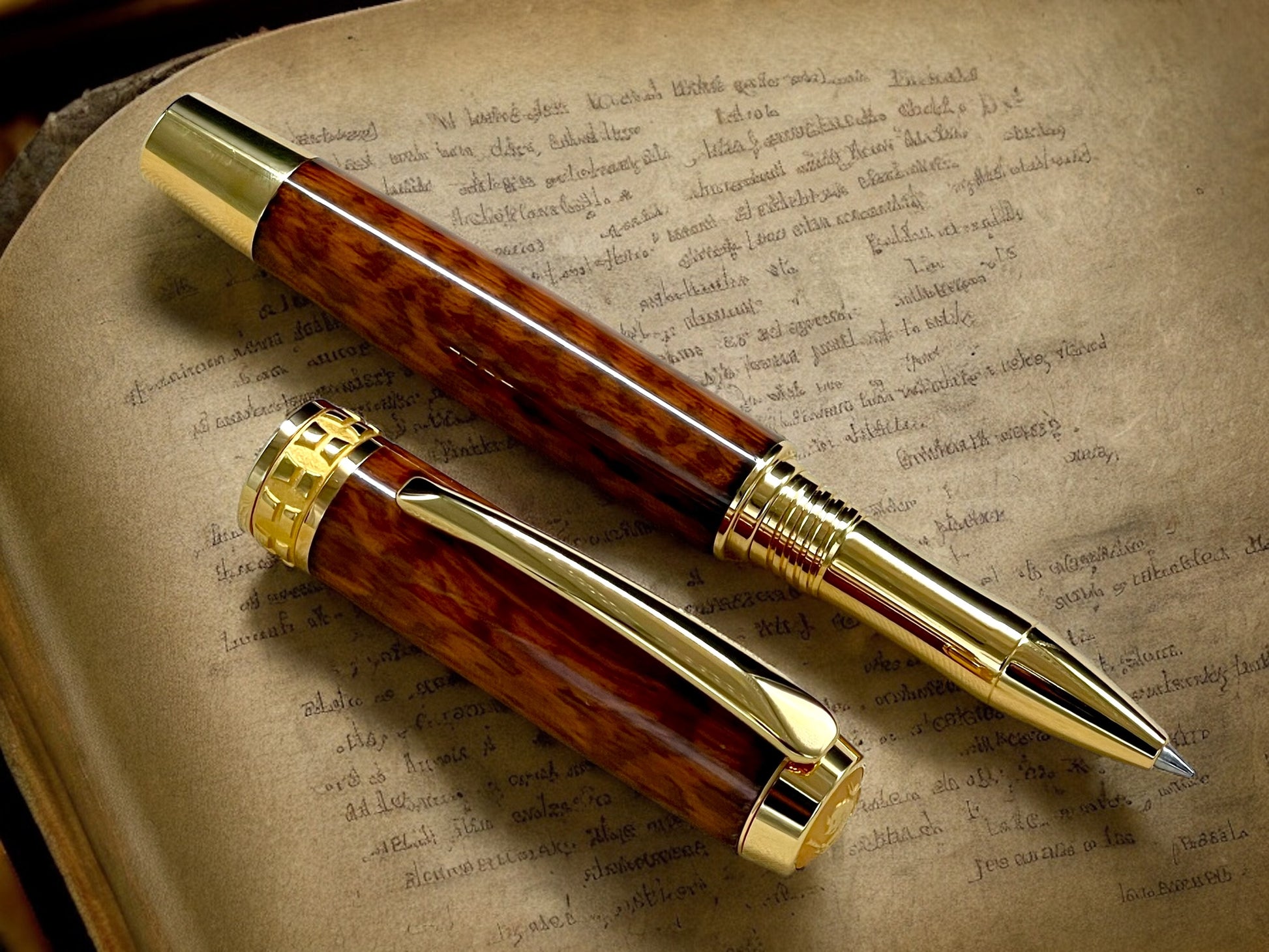 Exotic Rare Snakewood, Gold Rollerball Pen, Artisan Handcrafted Writing Instrument. Handmade Custom in Colorado. One of a Kind. - HighlanderPen