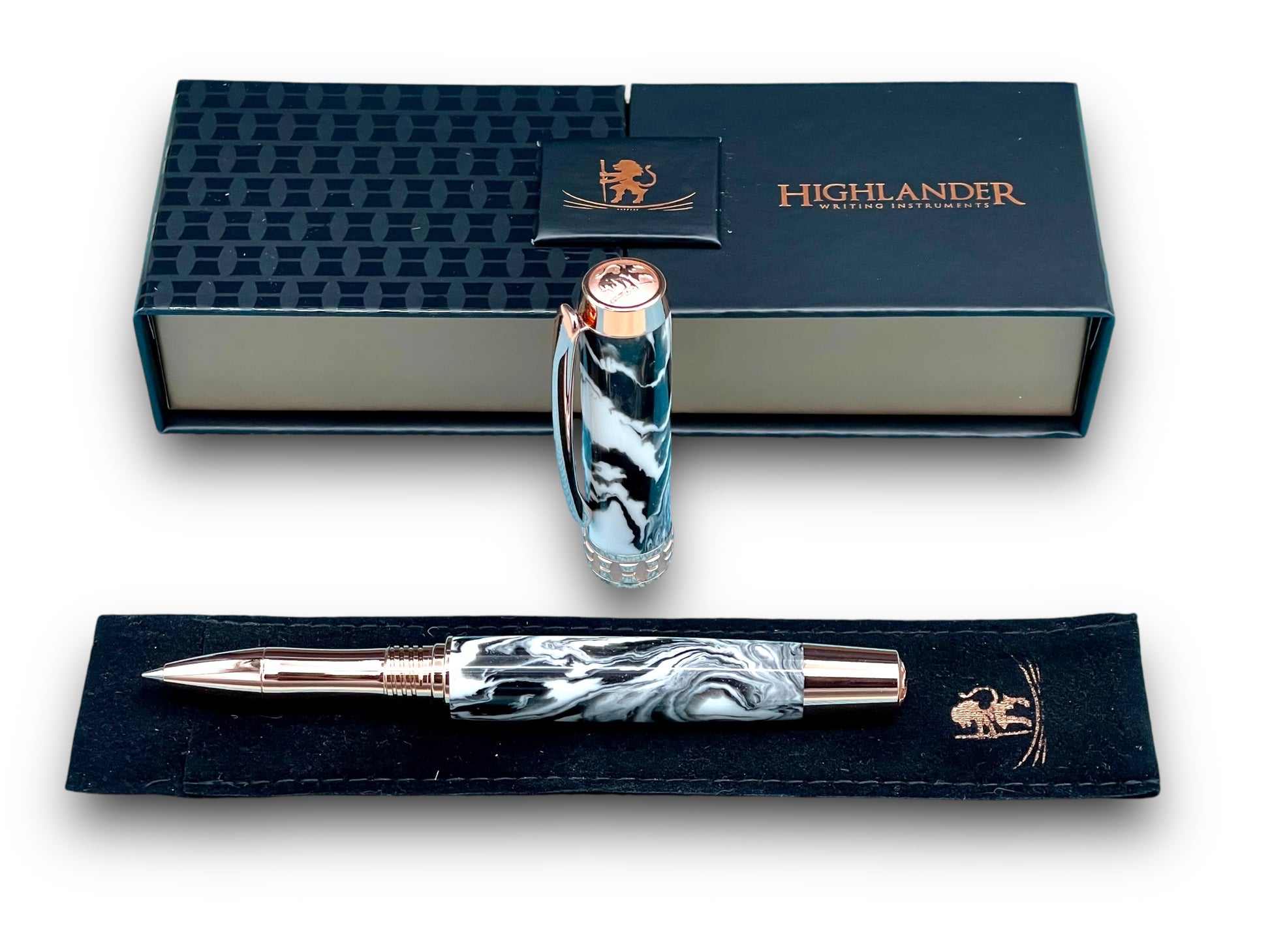 Timeless “Imperial Black” Rose Gold Acrylic Rollerball Pen, Artisan Handcrafted Writing Instrument. One of a Kind, with Box, Sleeve, & Ink. - HighlanderPen