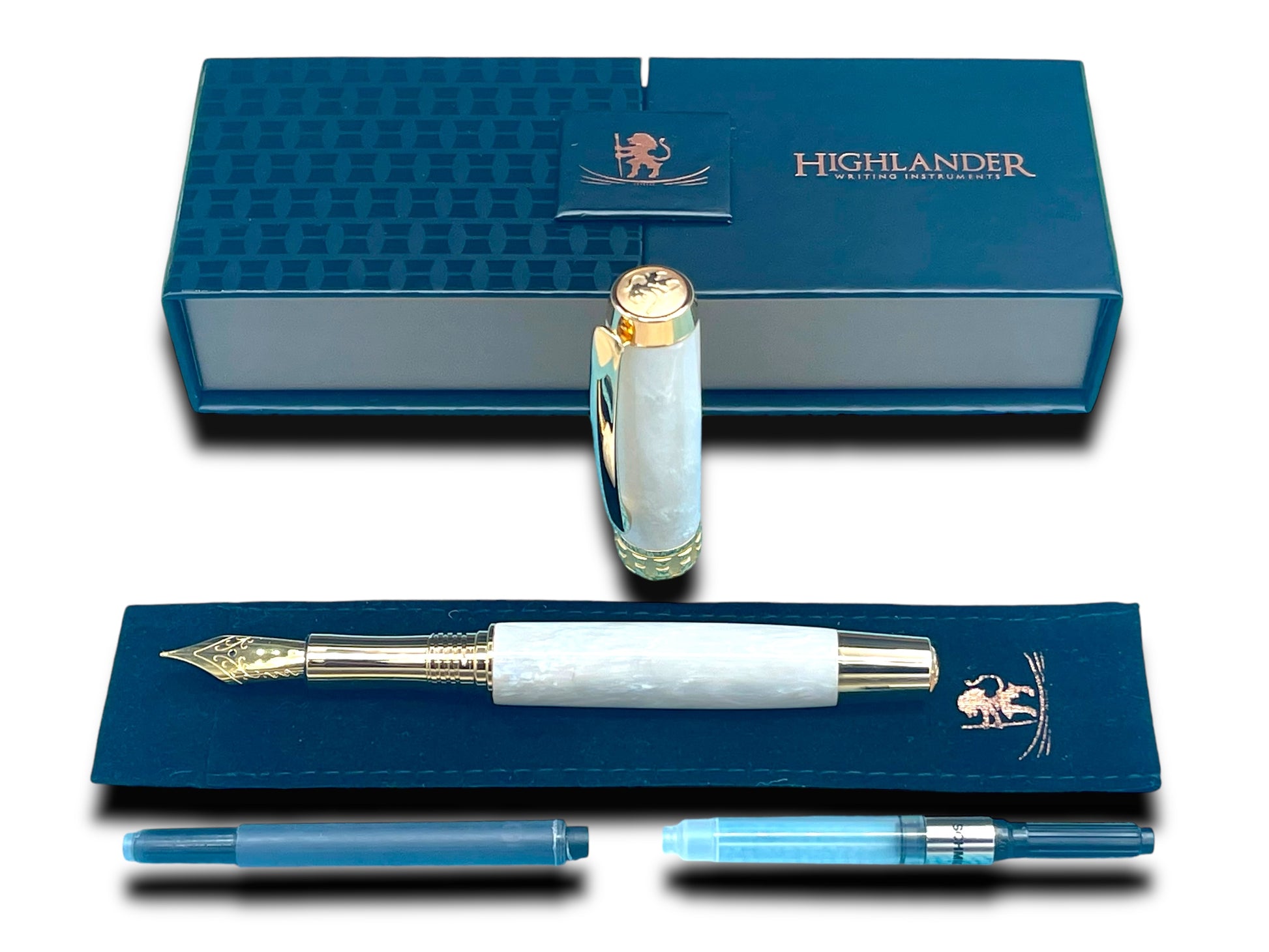 Elegant “Pearly Opal” Handcrafted Luxury Gold Fountain Pen, One of a Kind, Handmade in Colorado. Ink, Converter, Sleeve, & Box Included. - HighlanderPen