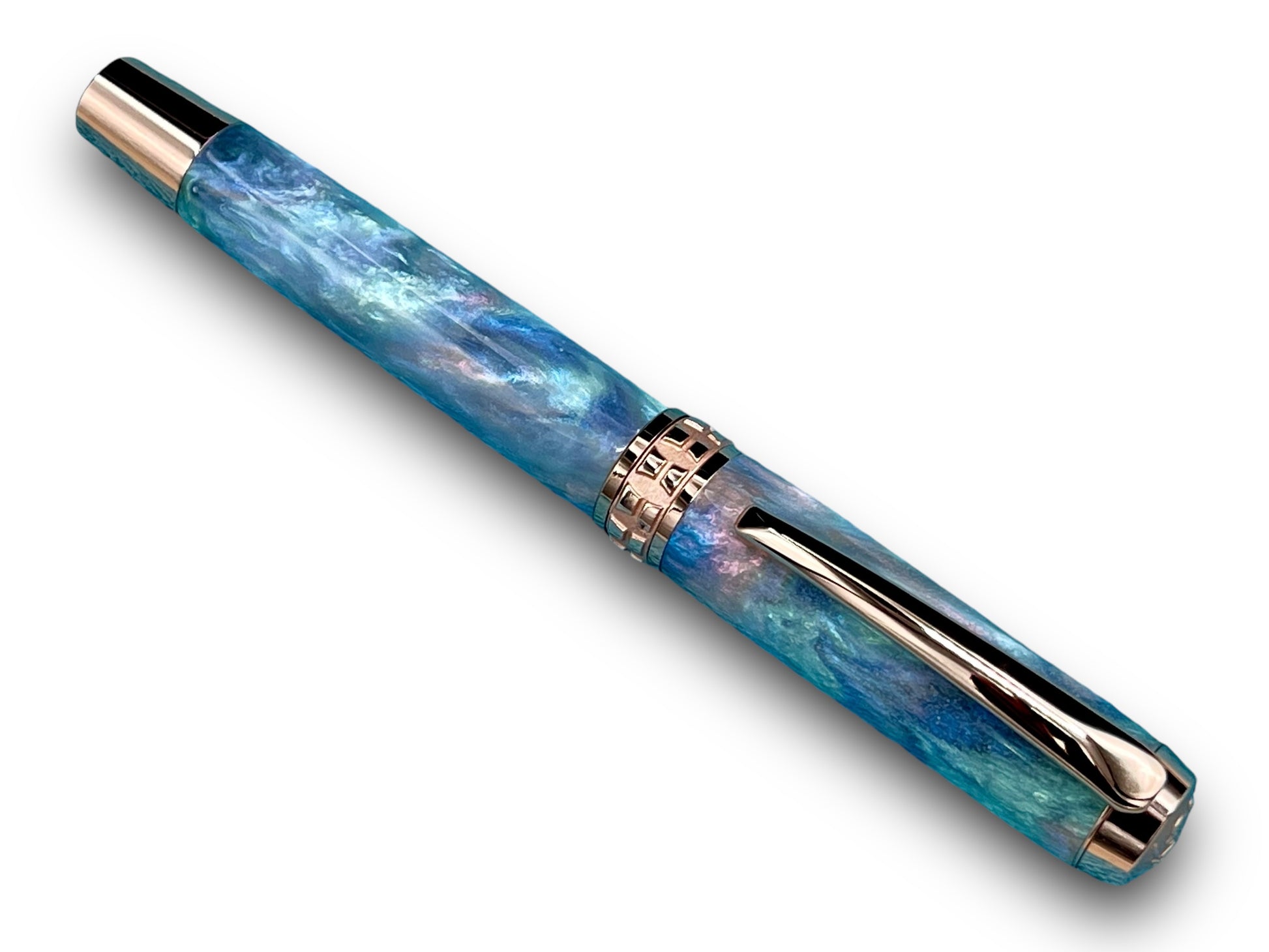 Elegant “Black Opal” Rose Gold Acrylic Fountain Pen, One of a Kind, Handmade in Colorado. Ink, Converter, Pen Sleeve & Box Included. - HighlanderPen