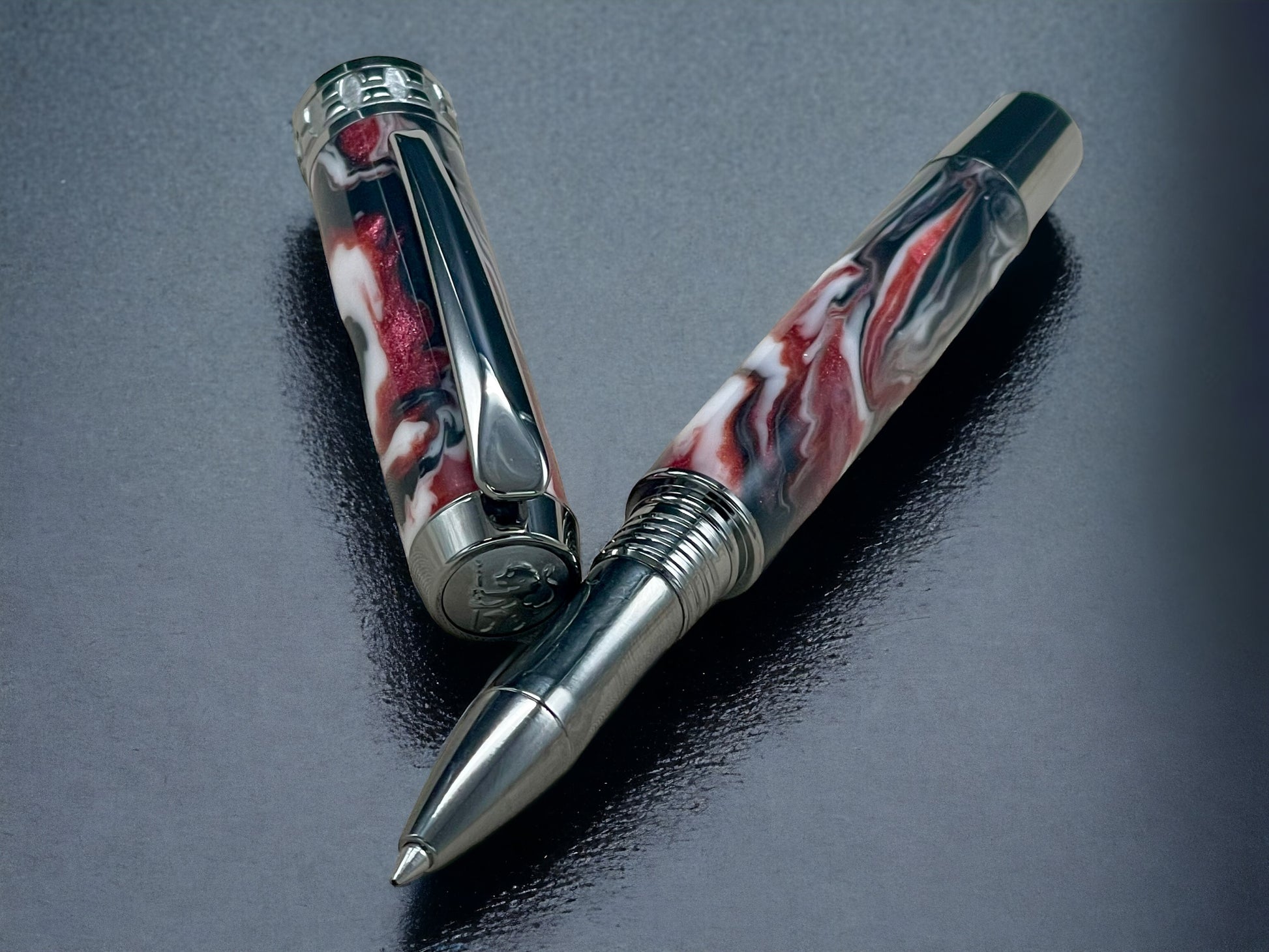 Red Swirl, One of a Kind, Handmade Custom Black Titanium Rollerball Pen. Artisan Rare & Unique, Completely Handcrafted in Colorado, USA. - HighlanderPen