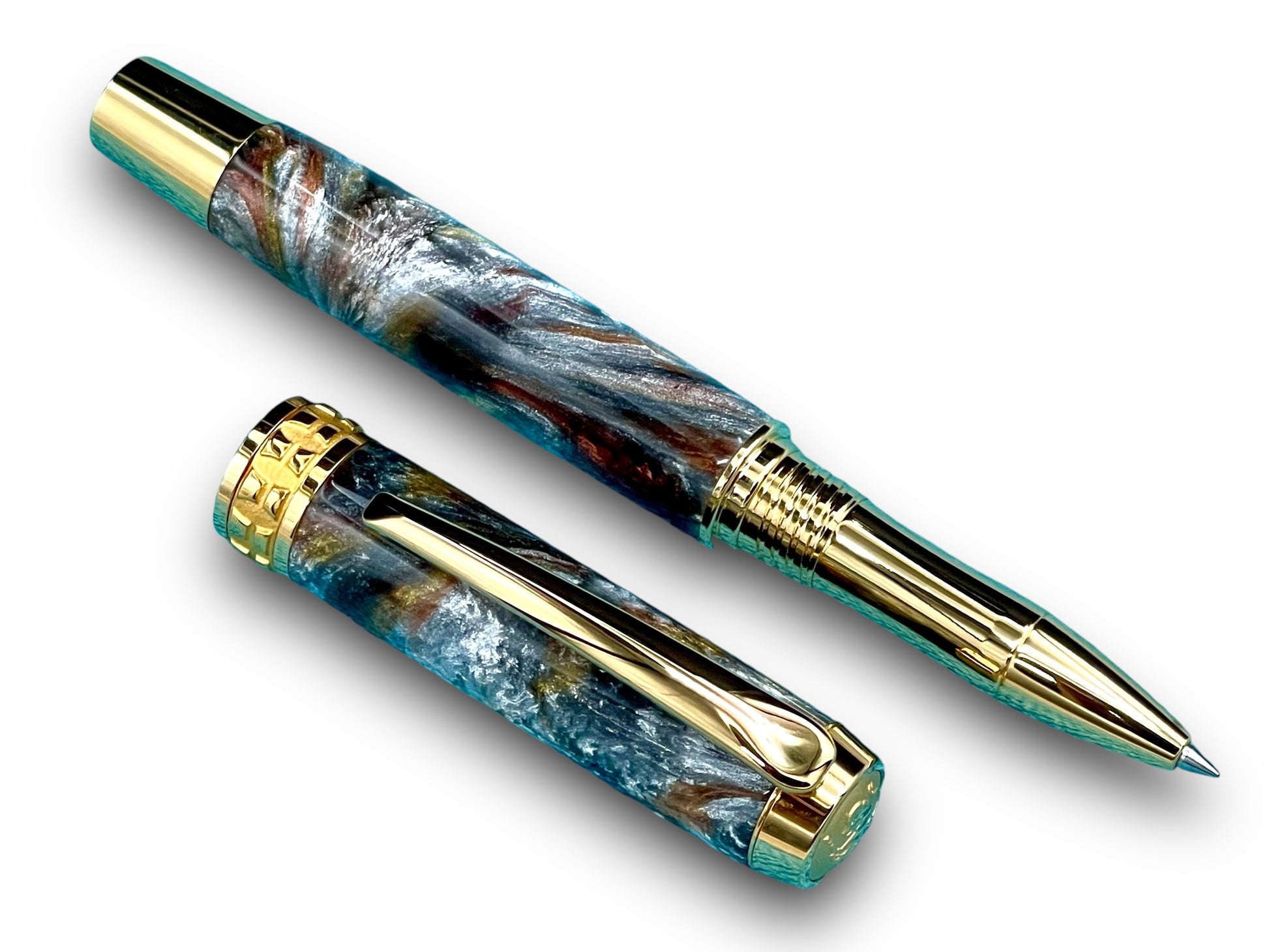 Beautiful “Molten Metals” Handcrafted Gold Rollerball Pen, One of a Kind, Handmade in Colorado. Ink, Velvet Sleeve, and Pen Box Included. - HighlanderPen