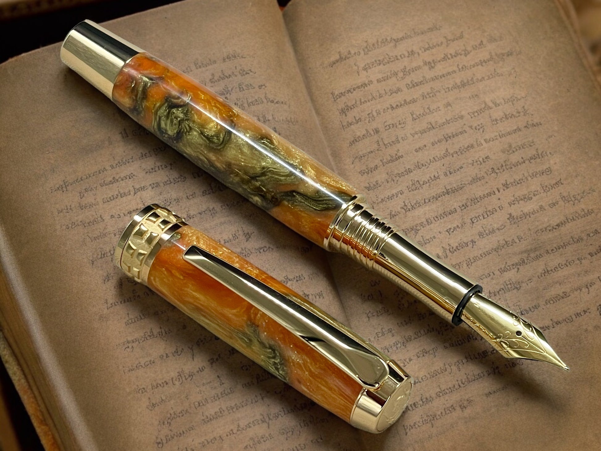 Striking “Orange Gold Swirl” Gold Fountain Pen, Artisan Handcrafted Writing Instrument. Simple to Use. Handmade with Custom Hardware in CO. - HighlanderPen