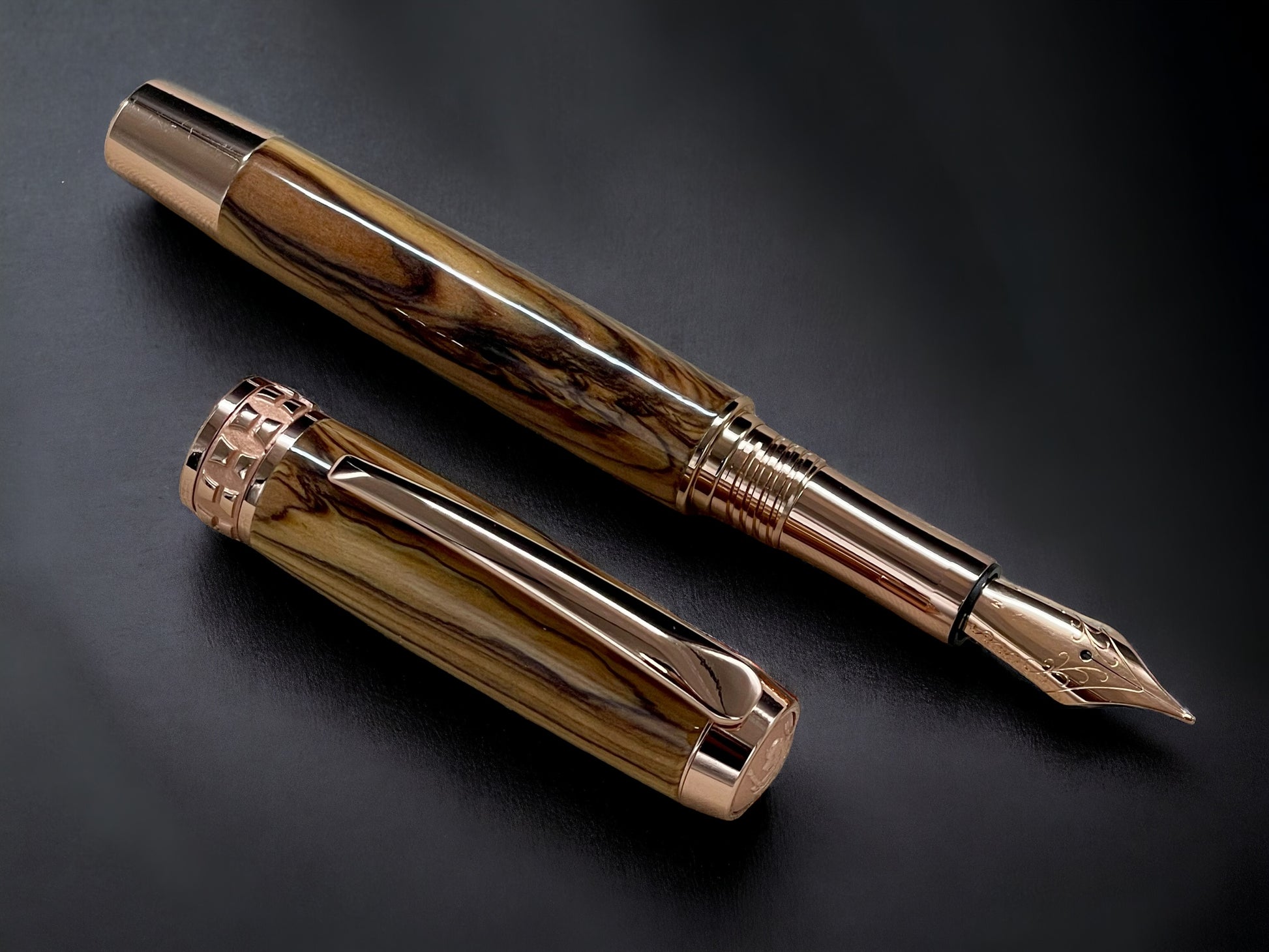 “Bethlehem Olivewood”, Rose Gold Fountain Pen, Artisan Handcrafted Writing Instrument. Simple to Use. Handmade in CO with Custom Hardware. - HighlanderPen