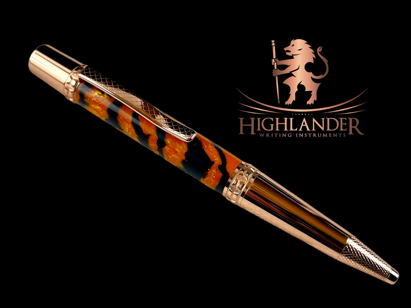 Rose Gold "Tangerine Zebra" Handmade Glasgow Ballpoint Pen. One of a Kind, Handcrafted by Highlander Pen in CO. Box, Ink, & Sleeve Included. [ML-BP-1209-01]