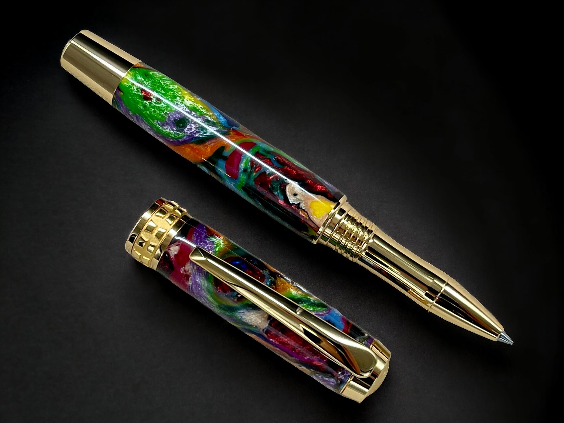 “Whimsical Colors”, One of a Kind Gold SKYE, Handmade Custom Acrylic Rollerball Pen. Artisan Rare & Unique, Completely Handcrafted  in Co, USA - HighlanderPen