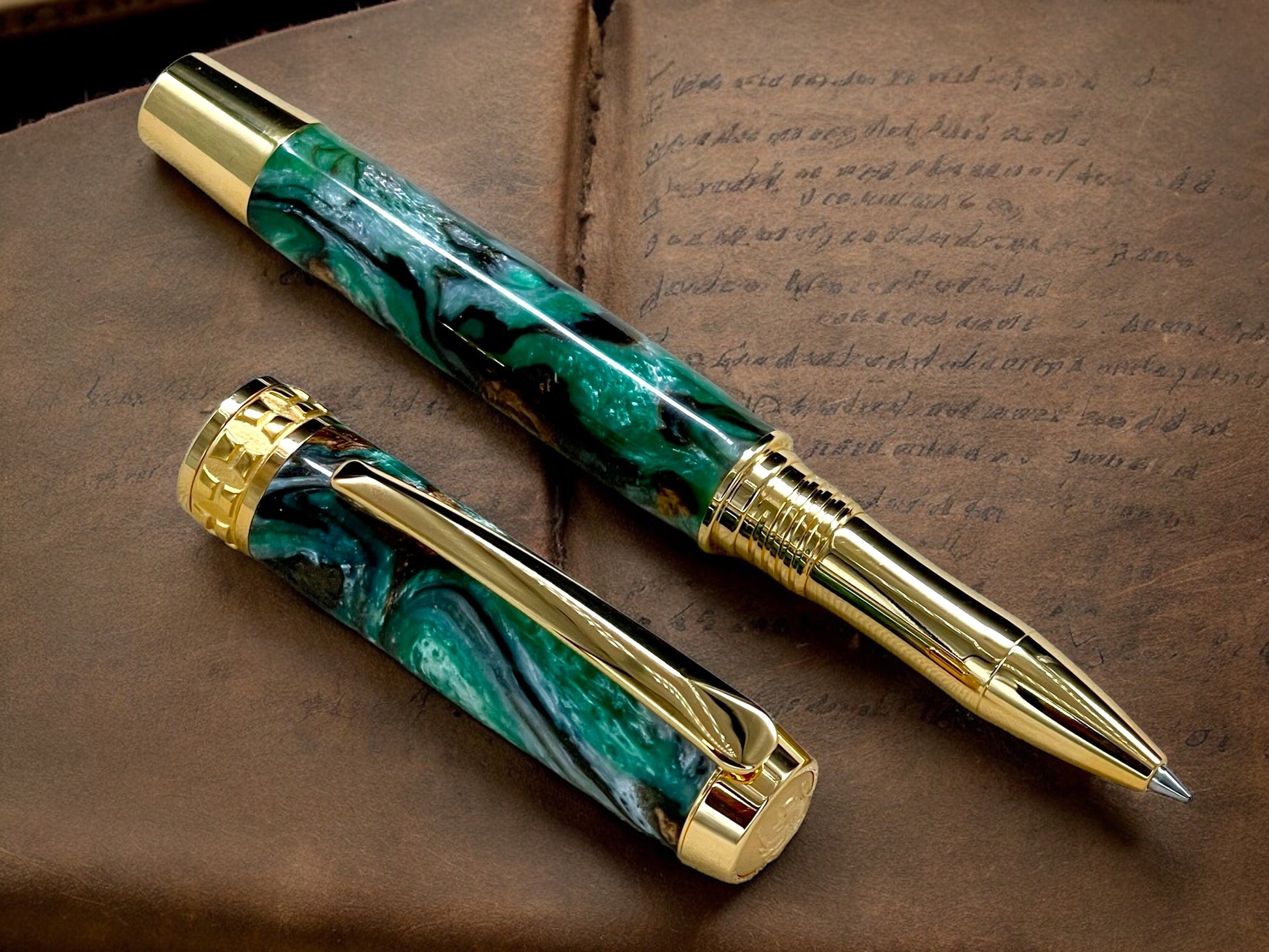 Elegant “Green & Bronze Swirl" Gold Rollerball Pen, Artisan Handcrafted Writing Instrument. Handmade Custom in Colorado. One of a Kind. - HighlanderPen