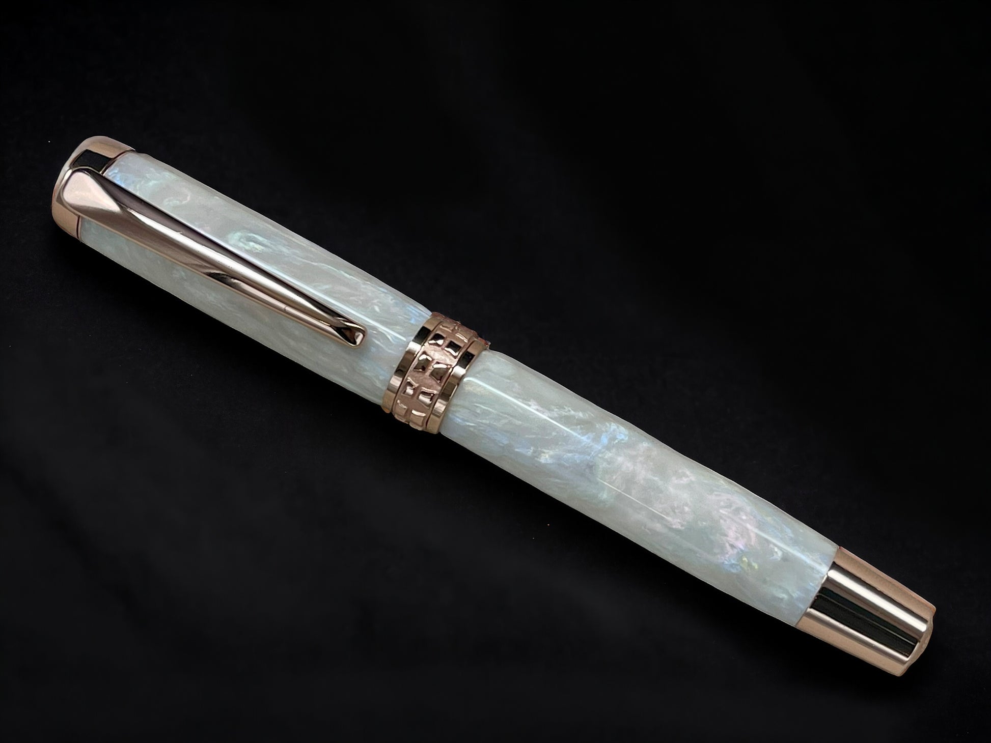 “Pearly Opal”, One of a Kind, Rose Gold, Handmade Custom Acrylic Rollerball Pen. Artisan Rare & Unique, Completely Handcrafted  in Co, US - HighlanderPen