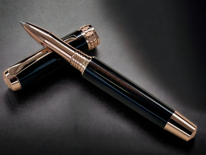 Exotic E. Indian Rosewood Rose Gold Rollerball Pen, Artisan Handcrafted Writing Instrument. Handmade Custom in Colorado. One of a Kind. - HighlanderPen