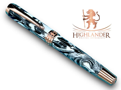 Timeless “Imperial Black” Rose Gold Acrylic Rollerball Pen, Artisan Handcrafted Writing Instrument. One of a Kind, with Box, Sleeve, & Ink. - HighlanderPen