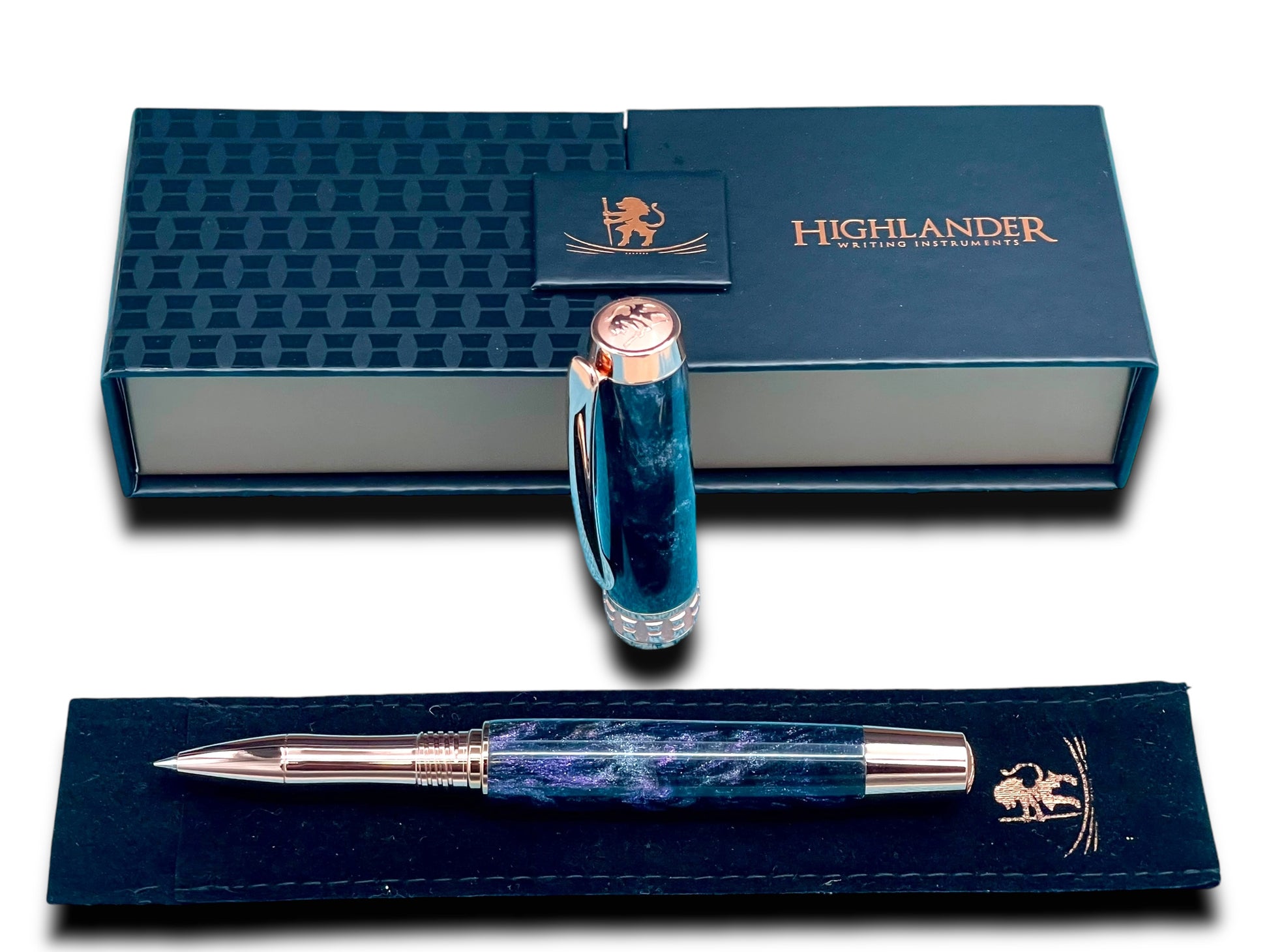 Elegant “Galactic Purple”, Rose Gold Acrylic Rollerball Pen, Artisan Handcrafted Writing Instrument. One of a Kind, with Box, Sleeve, & Ink. - HighlanderPen