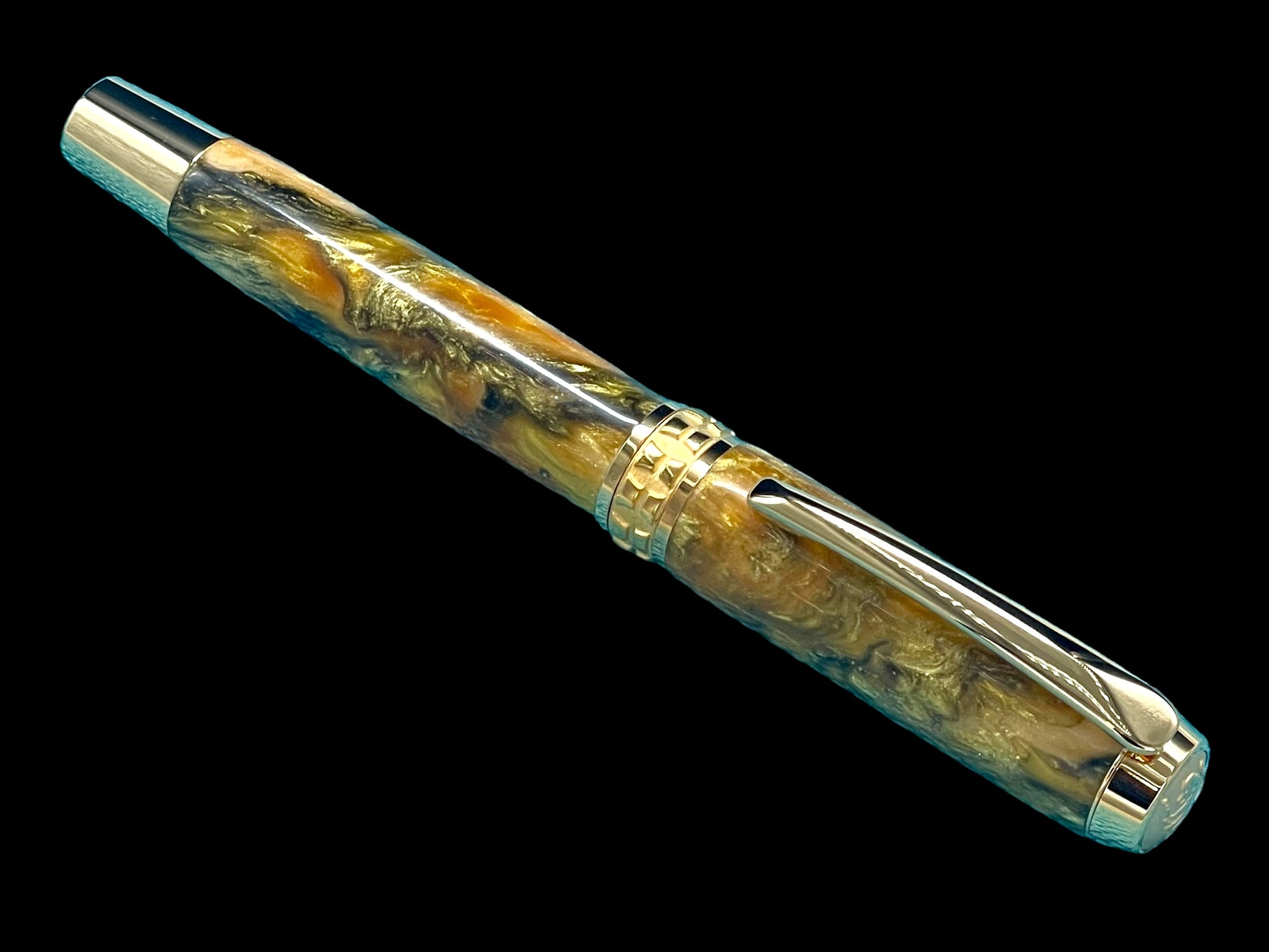 Striking “Gold-Orange Swirl” Handcrafted Gold Fountain Pen, One of a Kind, Handmade in Colorado. Ink, Converter, Sleeve, & Box Included. - HighlanderPen