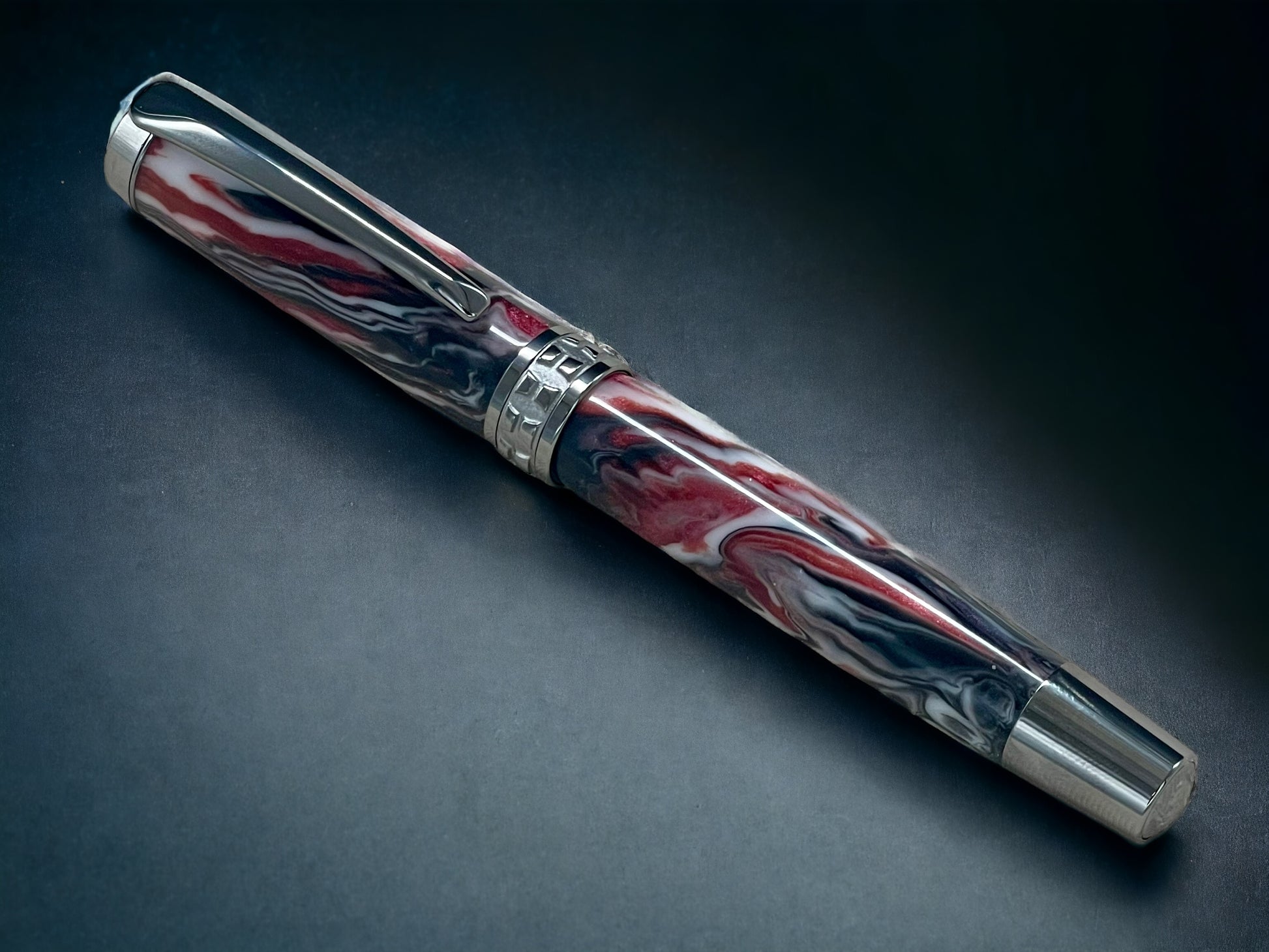 Red Swirl, One of a Kind, Handmade Custom Black Titanium Rollerball Pen. Artisan Rare & Unique, Completely Handcrafted in Colorado, USA. - HighlanderPen