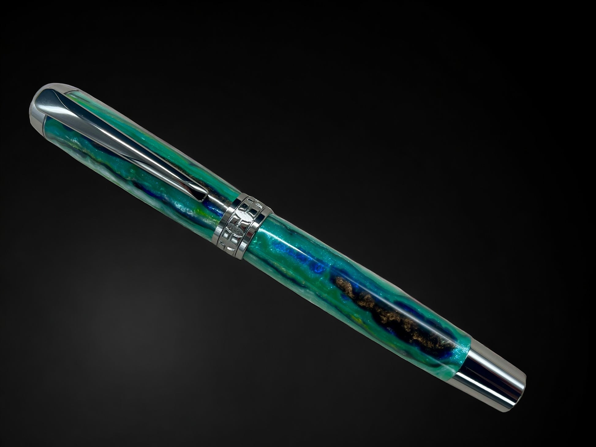 Green Stripe, One of a Kind “SKYE” Black Titanium Handmade Fountain Pen. Artisan Rare & Completely Custom, Handcrafted in Colorado, USA. - HighlanderPen