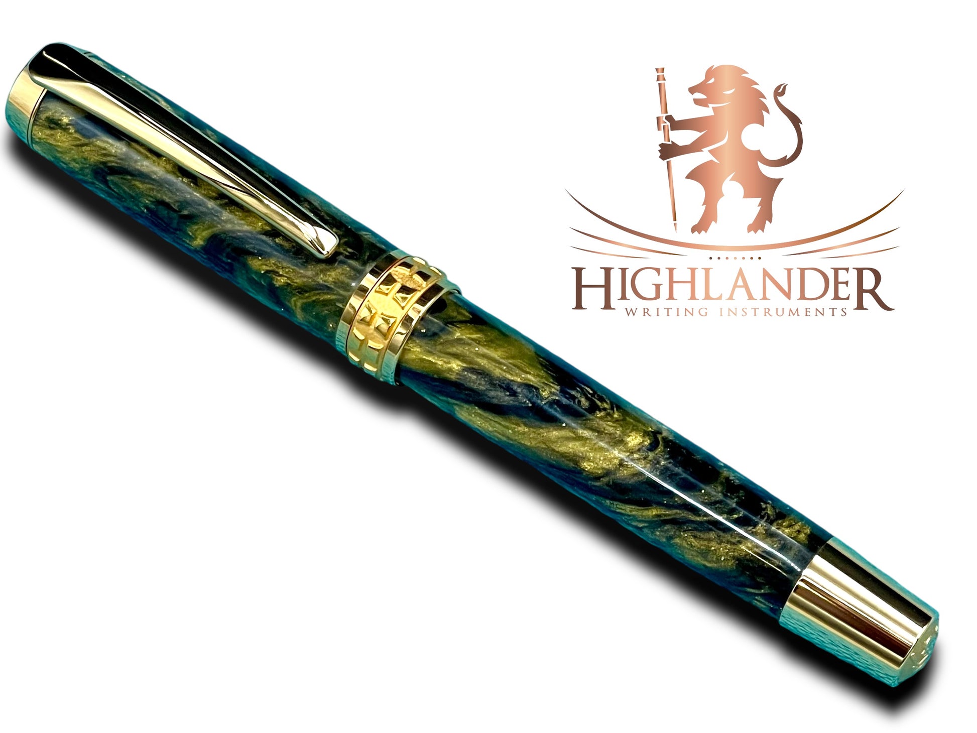 Striking “Black and Gold” Handcrafted Luxury Gold Fountain Pen, One of a Kind, Handmade in Colorado. Ink, Converter, Sleeve, & Box Included. - HighlanderPen