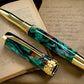 Elegant “Green & Bronze Swirl" Gold Rollerball Pen, Artisan Handcrafted Writing Instrument. Handmade Custom in Colorado. One of a Kind. - HighlanderPen