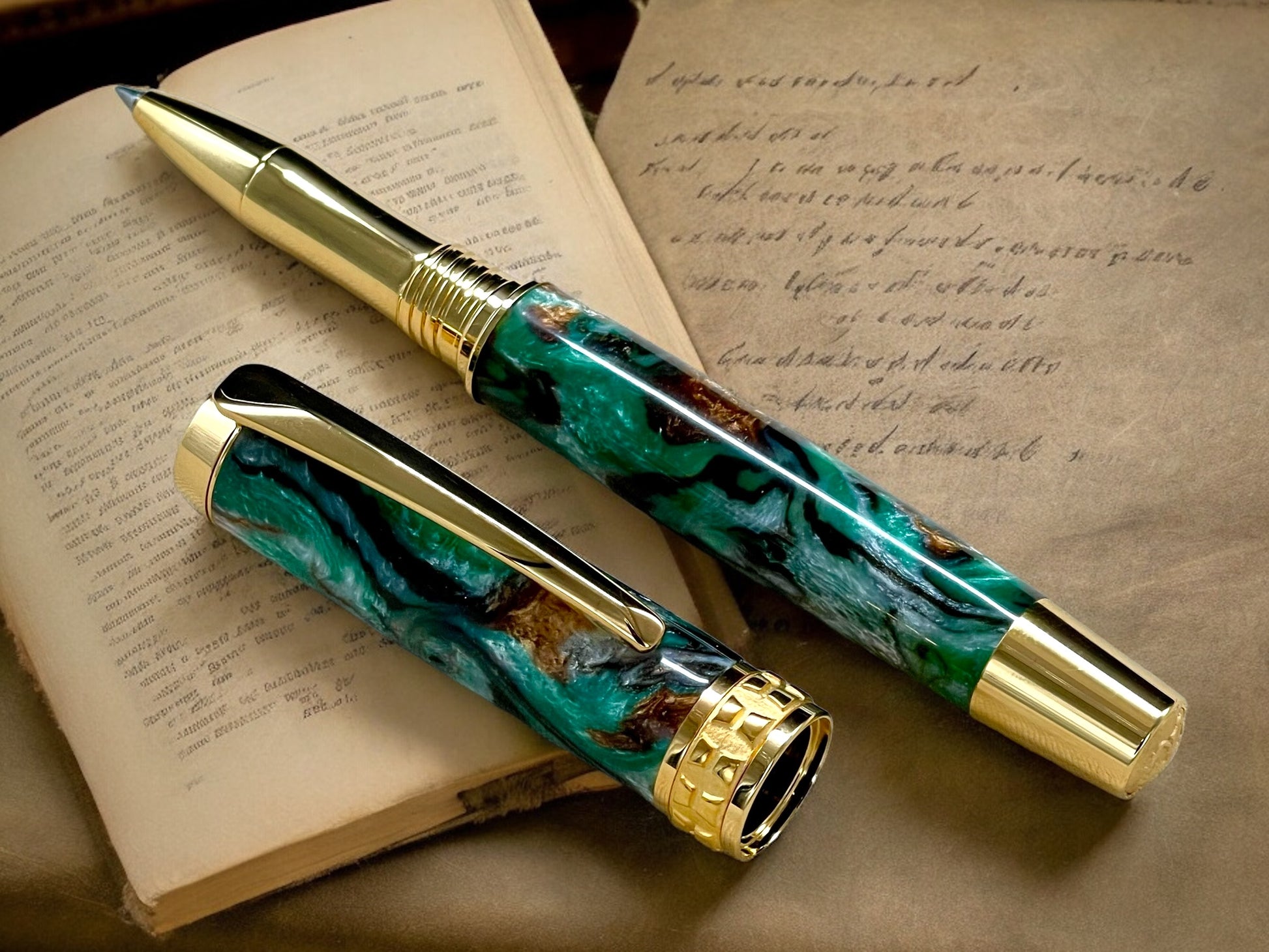 Elegant “Green & Bronze Swirl" Gold Rollerball Pen, Artisan Handcrafted Writing Instrument. Handmade Custom in Colorado. One of a Kind. - HighlanderPen