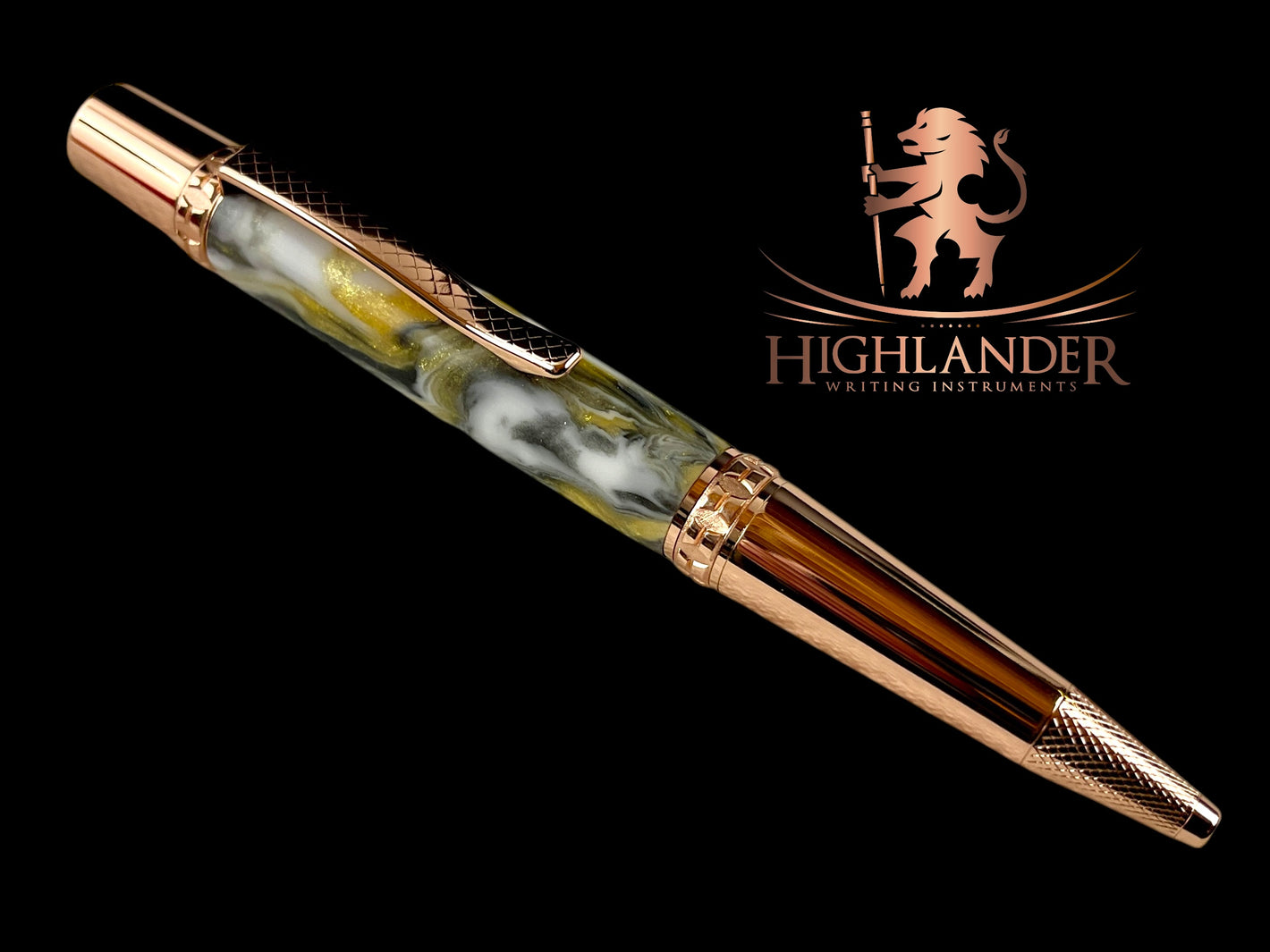 Rose Gold "24K Zebra" Handmade Glasgow Ballpoint Pen. One of a Kind, Handcrafted by Highlander Pen in CO. Box, Ink, & Sleeve Included. [ML-BP-1130-04]