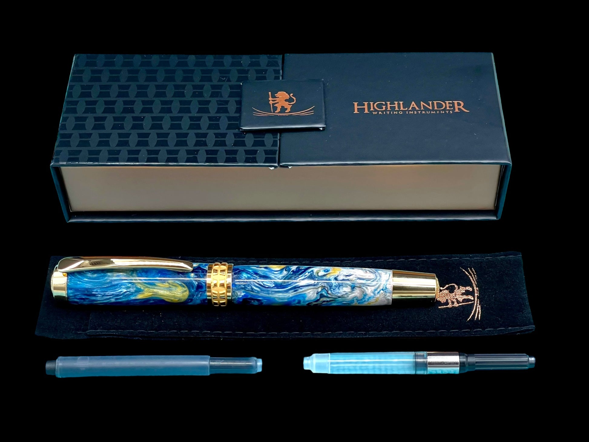 Highlander~Handmade Luxury Gold Fountain Pen, One of a Kind Writing Instrument, Handcrafted in CO. Ink, Converter, Sleeve, & Box Included. (ML-FP-0925-01) - HighlanderPen