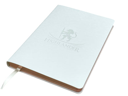 Medium White Saffiano PU Leather Journal, 8 1/4” X 5 3/4”, 120 GSM, Rose Gold Gilded Edges, Satin Ribbon, 25 Lines/Page, 192 Pages, In Box. - HighlanderPen