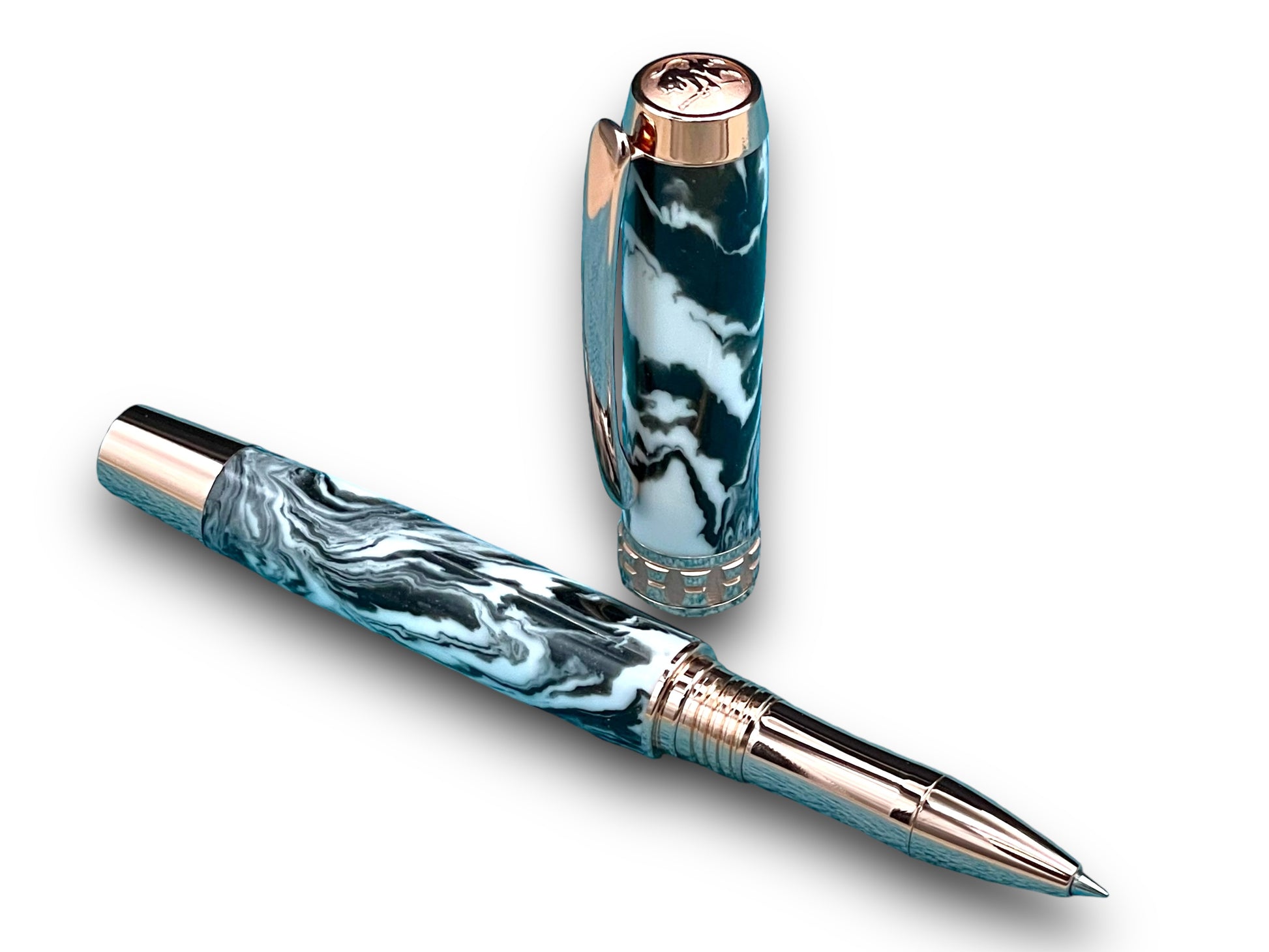 Timeless “Imperial Black” Rose Gold Acrylic Rollerball Pen, Artisan Handcrafted Writing Instrument. One of a Kind, with Box, Sleeve, & Ink. - HighlanderPen