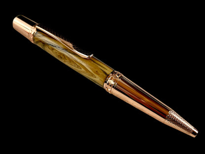 Rose Gold Exotic Bethlehem Olivewood Handmade Ballpoint Pen. One of a Kind, Handcrafted by Highlander Pen in CO. Box, Ink, & Sleeve Included. [ML-BP-1125-01]