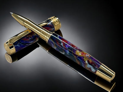 Whimsical Black, One of a Kind Gold “SKYE”, Handmade Custom Acrylic Rollerball Pen. Artisan Rare & Unique, Completely Handcrafted  in Co, USA - HighlanderPen