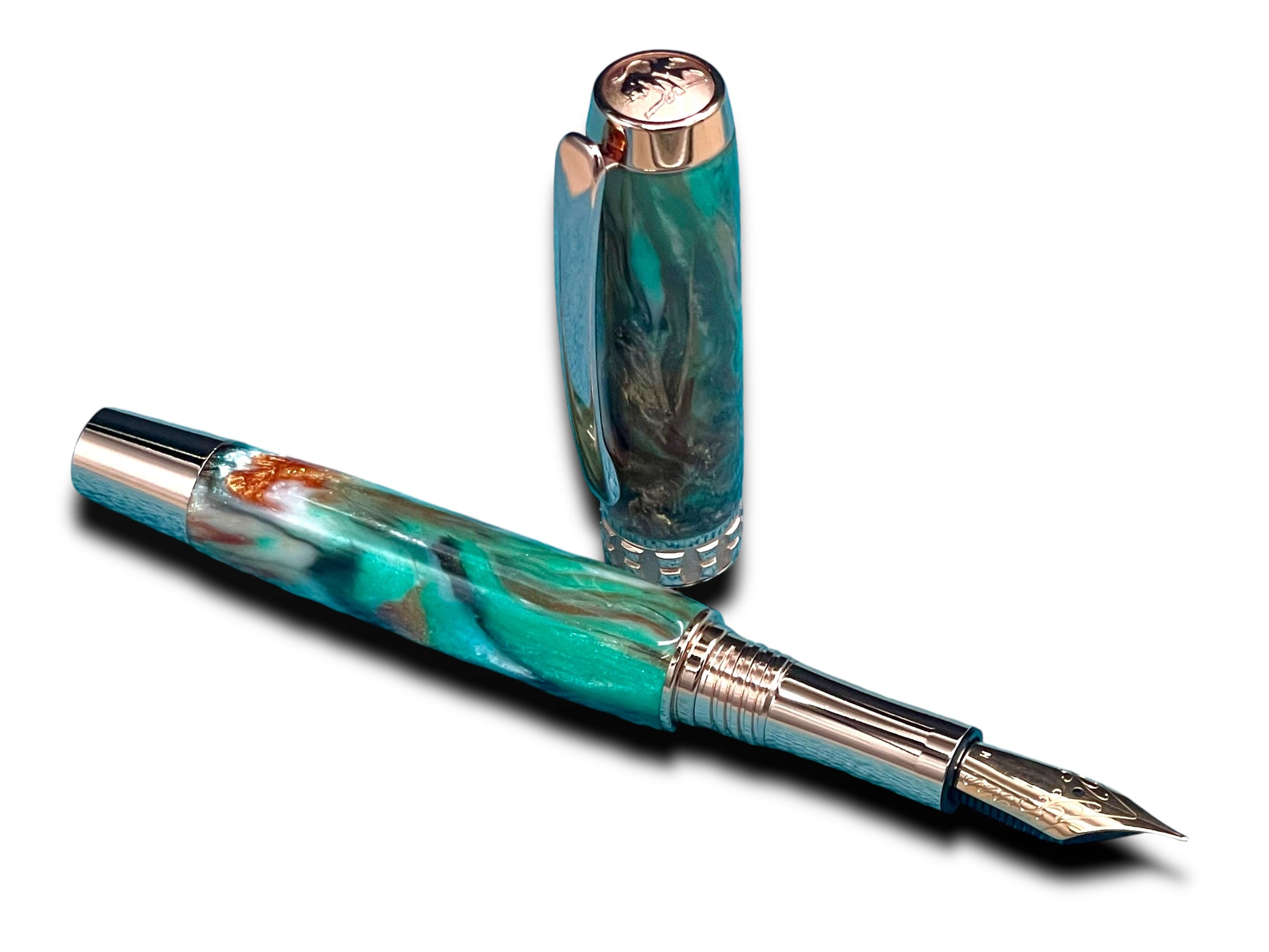 Striking “Green-Bronze Acrylic” Rose Gold Fountain Pen, One of a Kind, Handmade in Colorado. Ink, Converter, Pen Sleeve & Box Included. - HighlanderPen