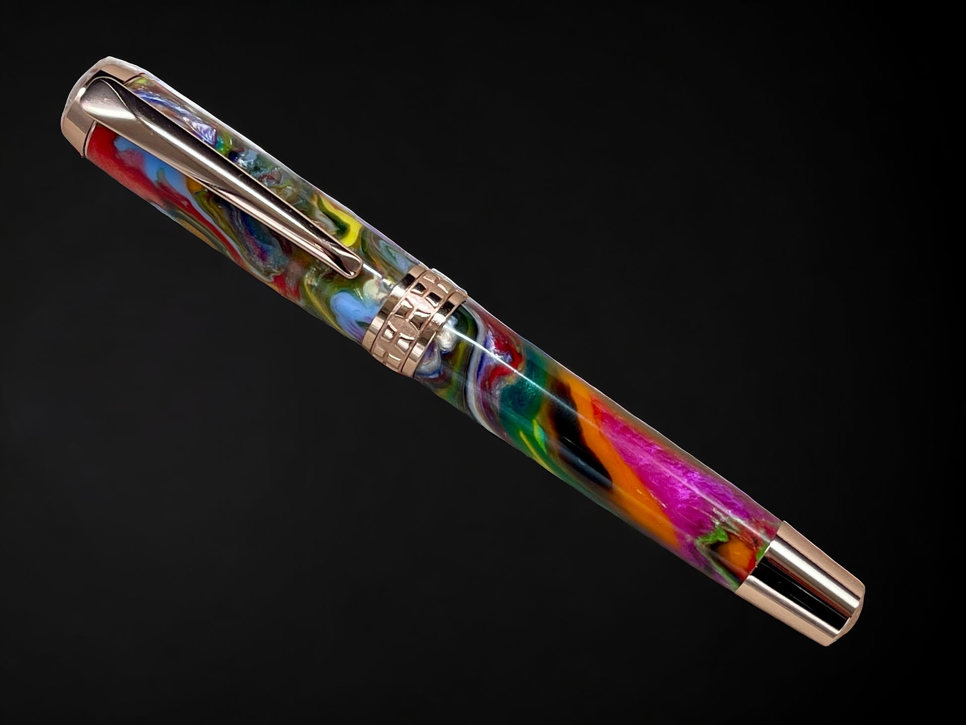 Rose Gold Rollerball Pen, Artisan Handcrafted Writing Instrument. Handmade with Custom Hardware in CO. One of a Kind. "Crazy Colors" - HighlanderPen