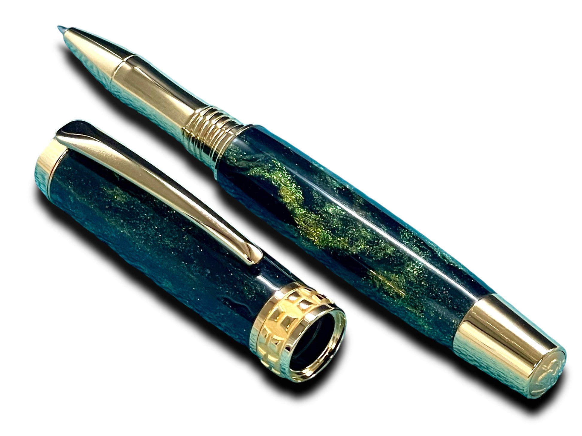 Elegant “Northern Lights” Handcrafted Gold Rollerball Pen, One of a Kind, Handmade in Colorado. Ink, Velvet Sleeve, and Pen Box Included. - HighlanderPen