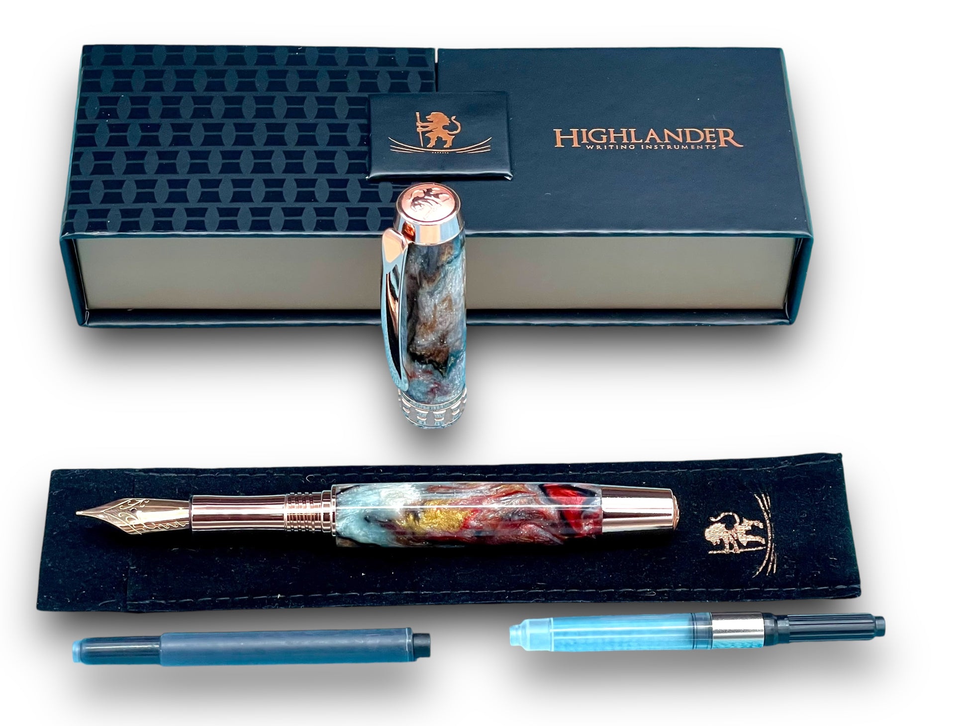 Elegant “Mosaic Glass” Rose Gold Acrylic Fountain Pen, One of a Kind, Handmade in Colorado. Ink, Converter, Pen Sleeve & Box Included. - HighlanderPen