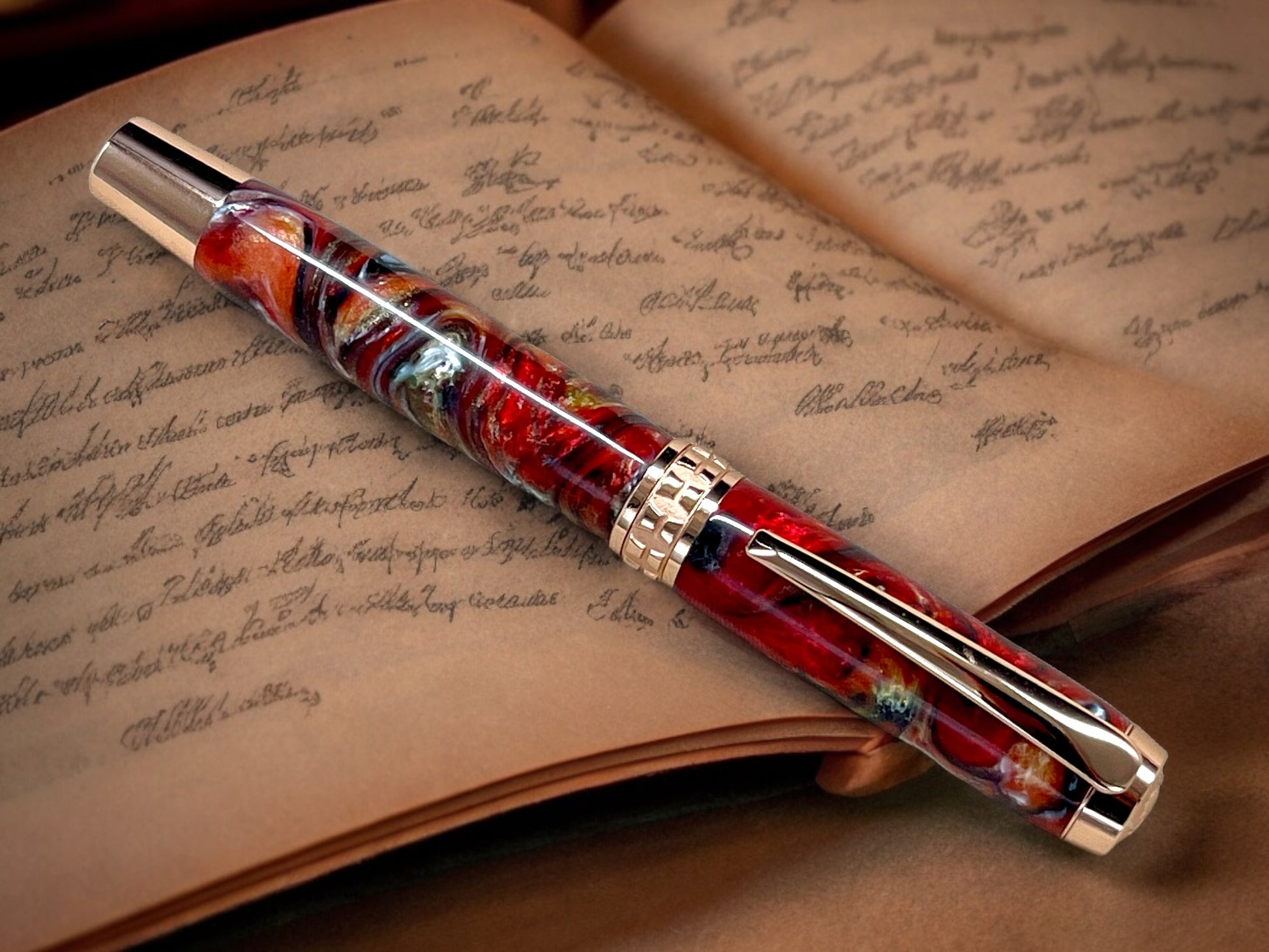 Striking “Italian Sportscar” Rose Gold Fountain Pen, Artisan Handcrafted Writing Instrument. Simple to Use. Handmade Custom in Colorado. - HighlanderPen