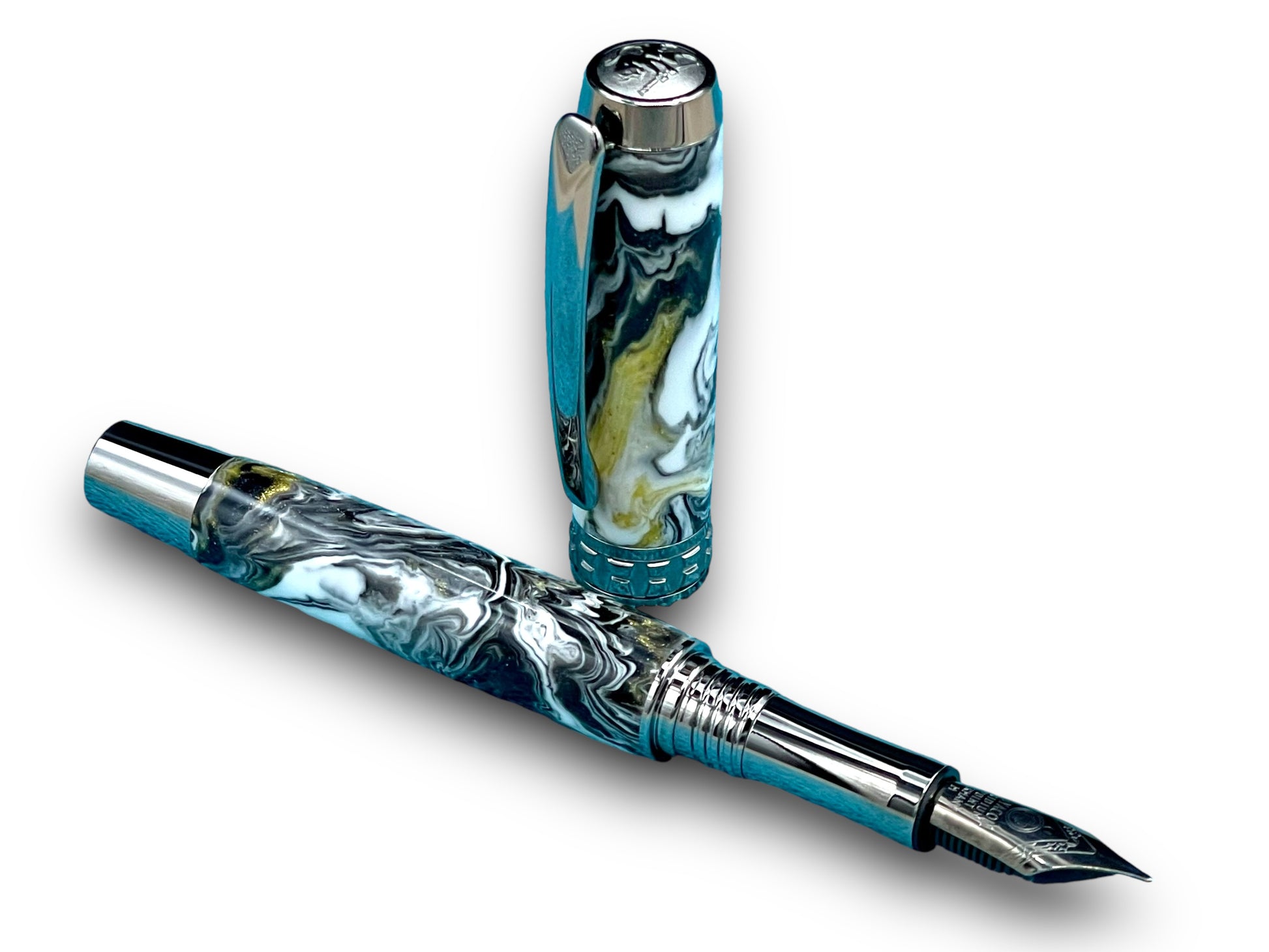 Striking “Black and Gold Swirl” Black Titanium Fountain Pen, Artisan Handcrafted Writing Instrument. Converter, Ink, Sleeve & Box Included. - HighlanderPen